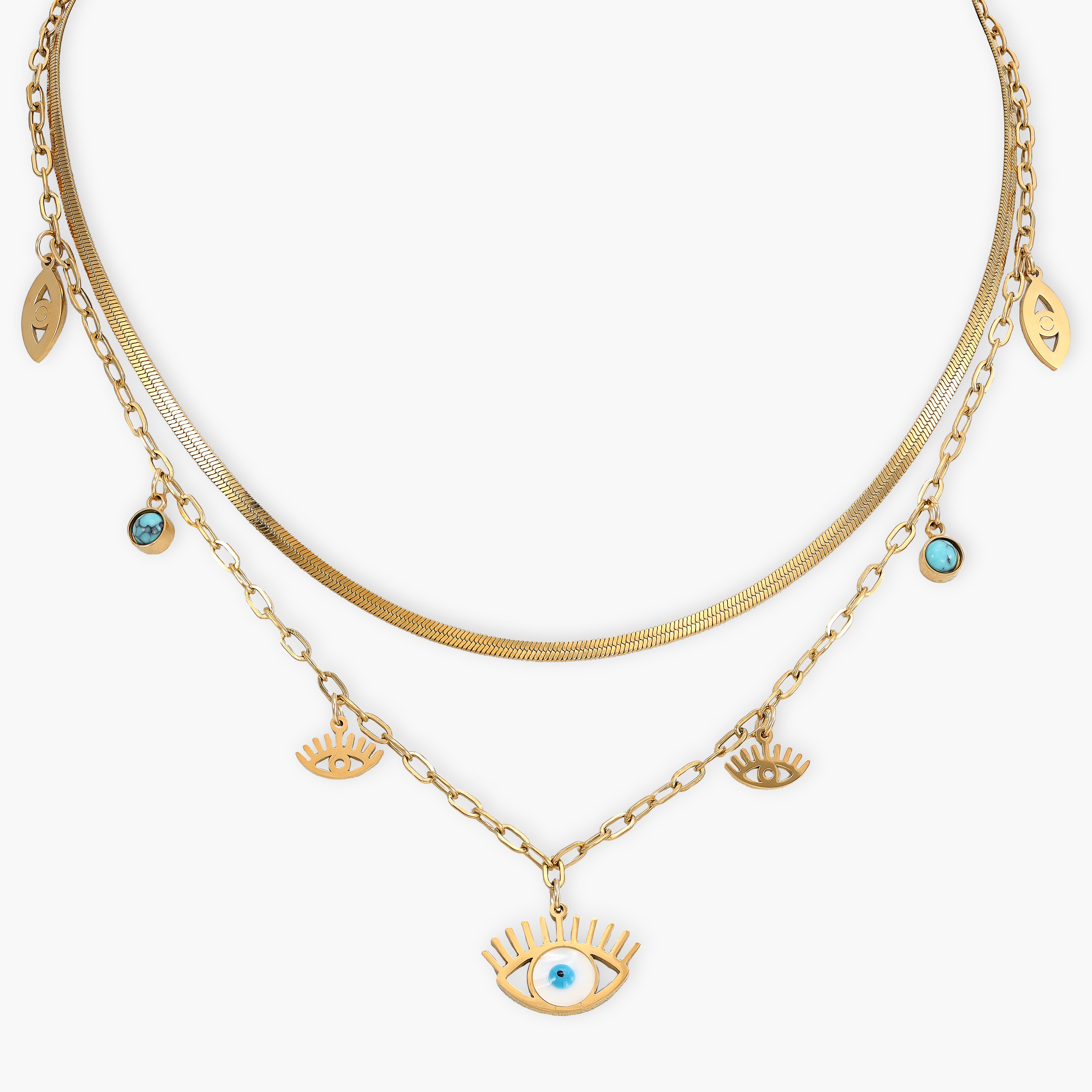 Damen Herringbone + Ankerkette mit Nazar evil eye 2mm aus Edelstahl 18K Vergoldet - Taipan Schmuck