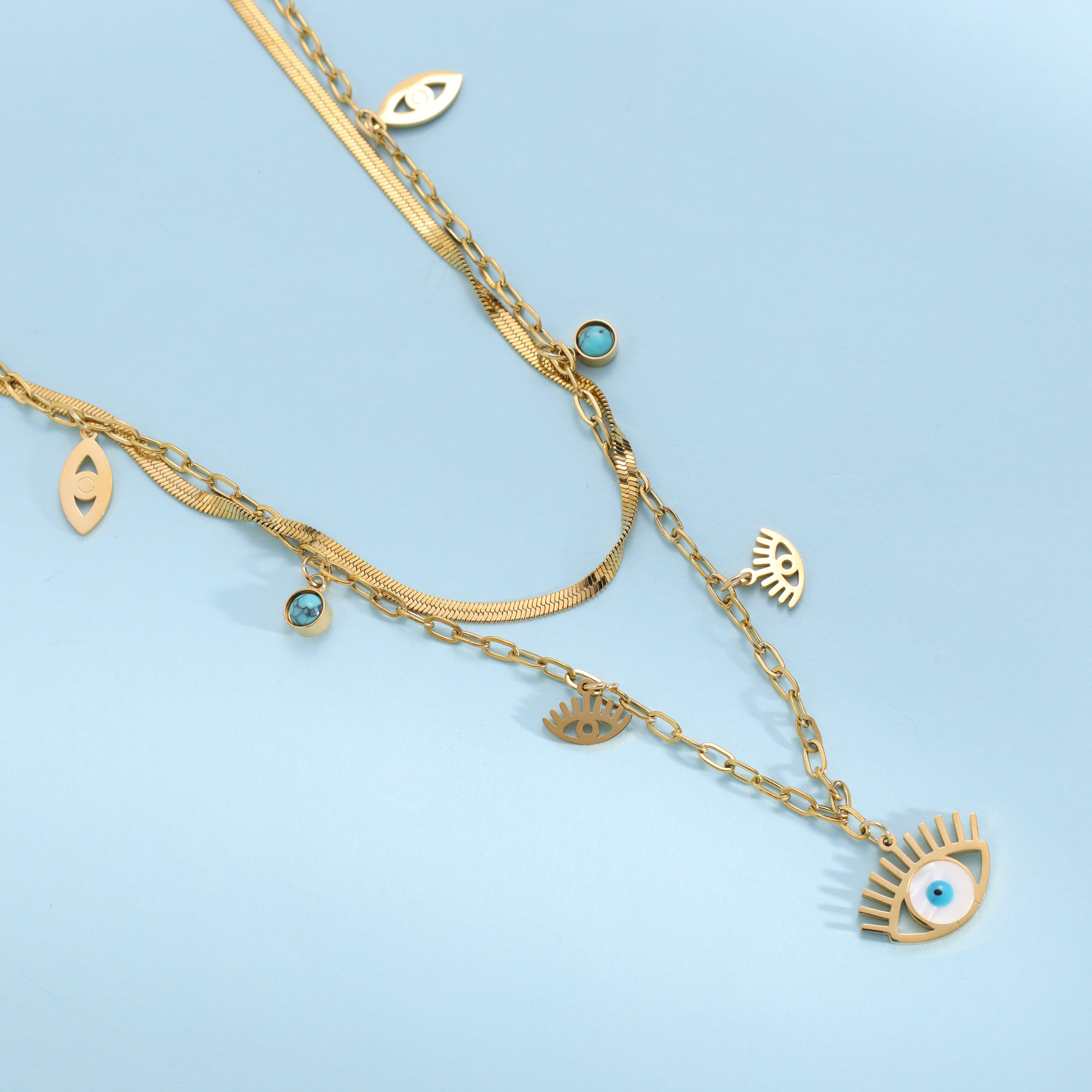 Damen Herringbone + Ankerkette mit Nazar evil eye 2mm aus Edelstahl 18K Vergoldet - Taipan Schmuck