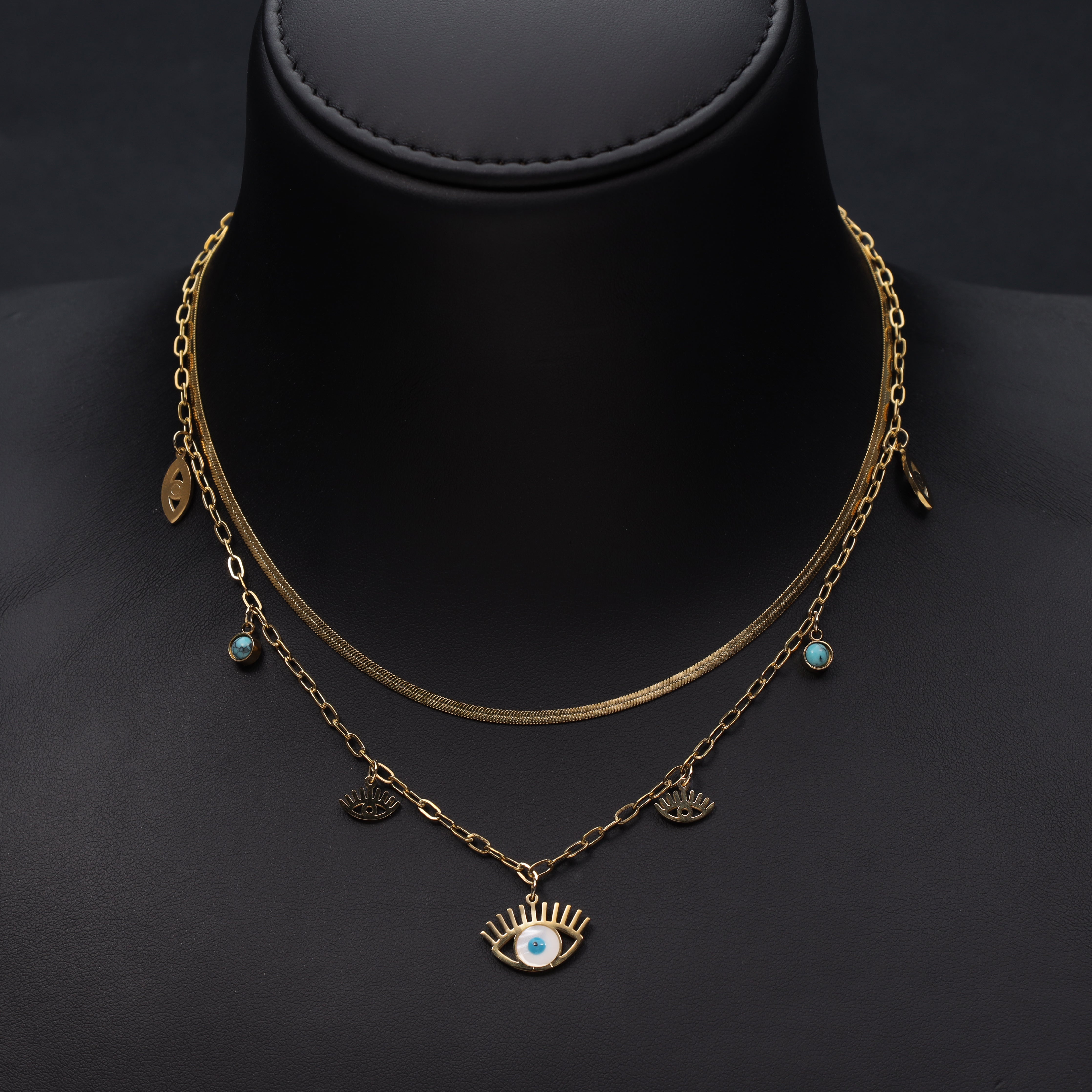 Damen Herringbone + Ankerkette mit Nazar evil eye 2mm aus Edelstahl 18K Vergoldet - Taipan Schmuck