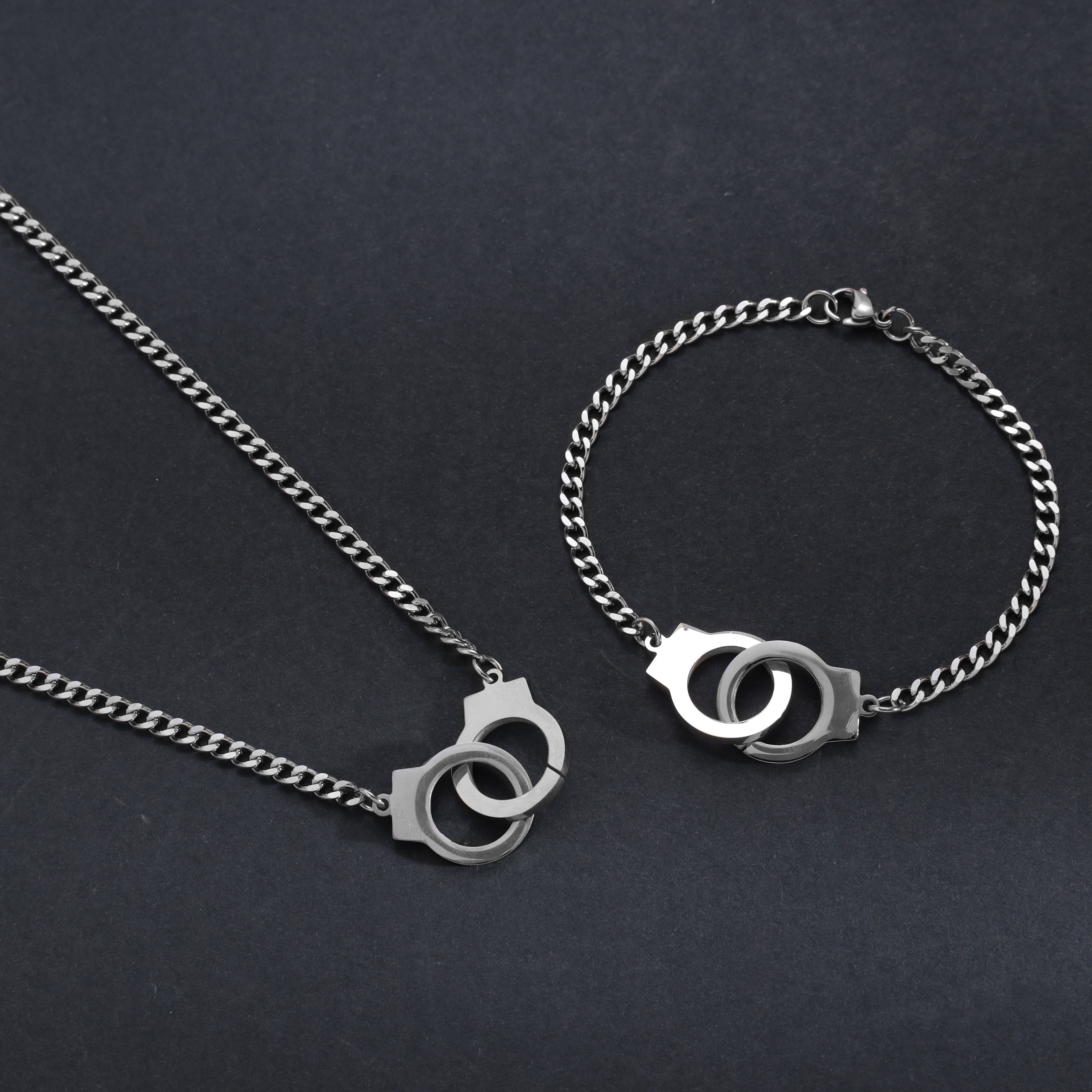 SET Panzerkette + armbander mit handcuff anhanger 4mm aus Edelstahl - Taipan Schmuck