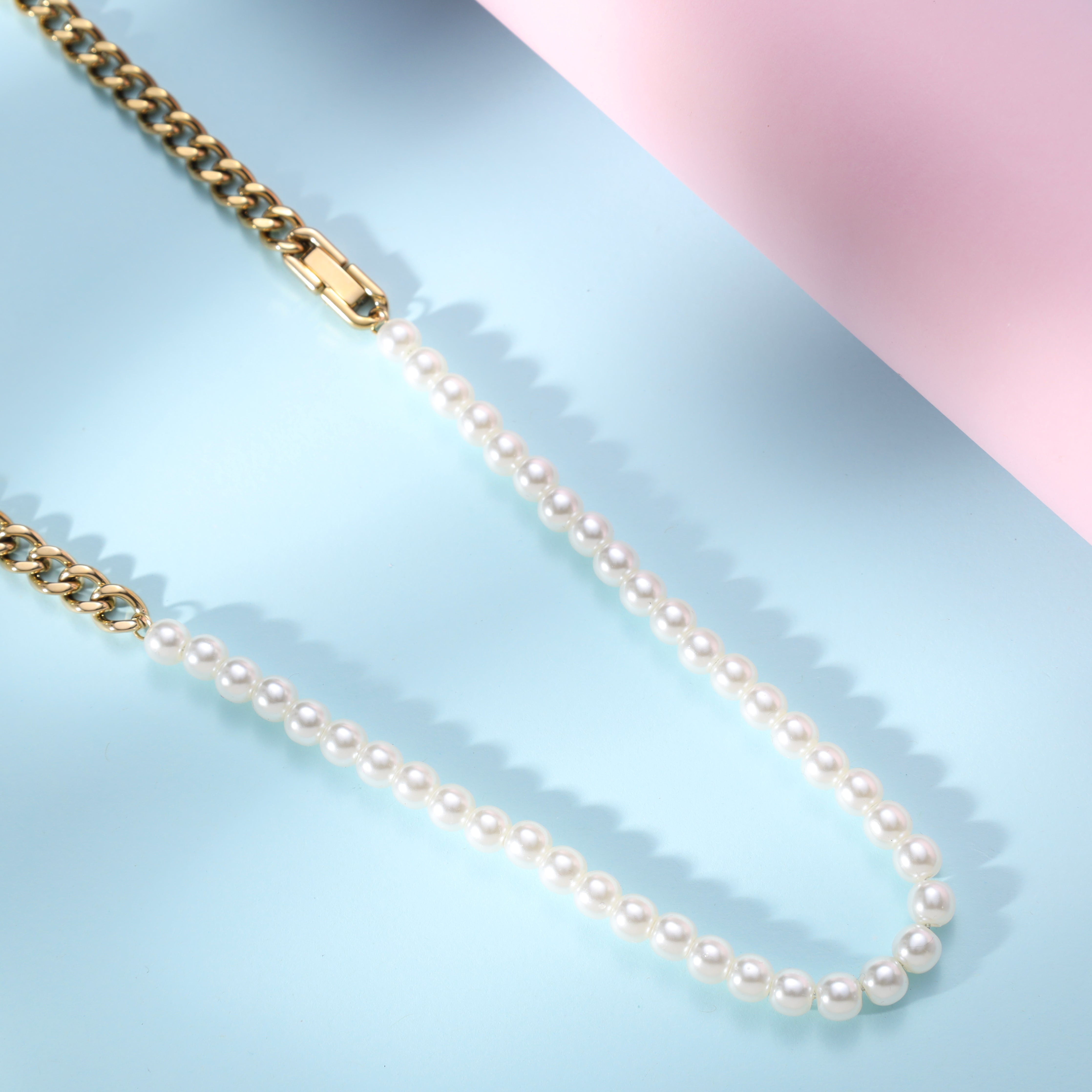 Damen Panzerkette mit pearl 6mm aus Edelstahl 18K Vergoldet - Taipan Schmuck