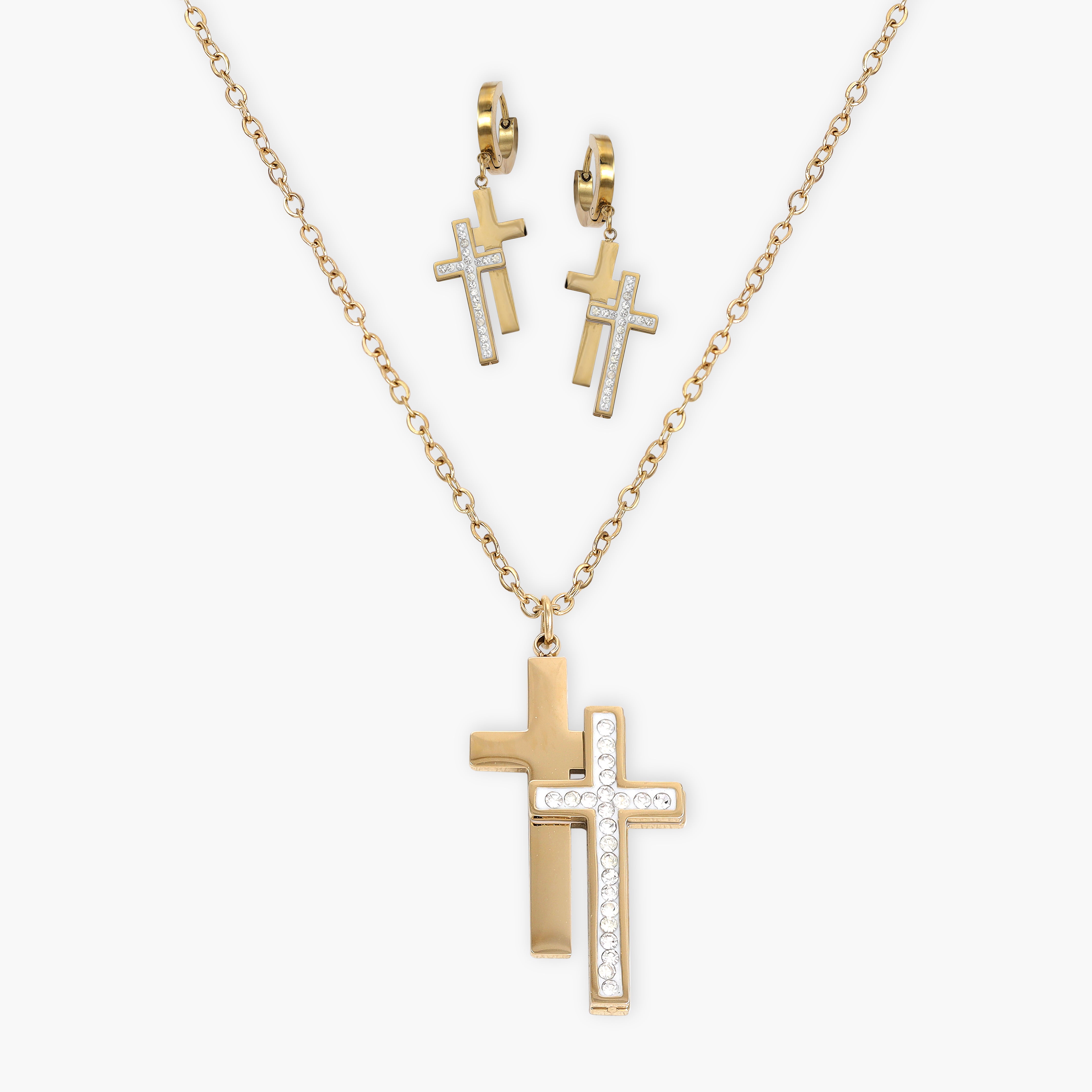 Damen Set Kreuz Halskette and ohrringe aus Edelstahl 18K Vergoldet - Taipan Schmuck
