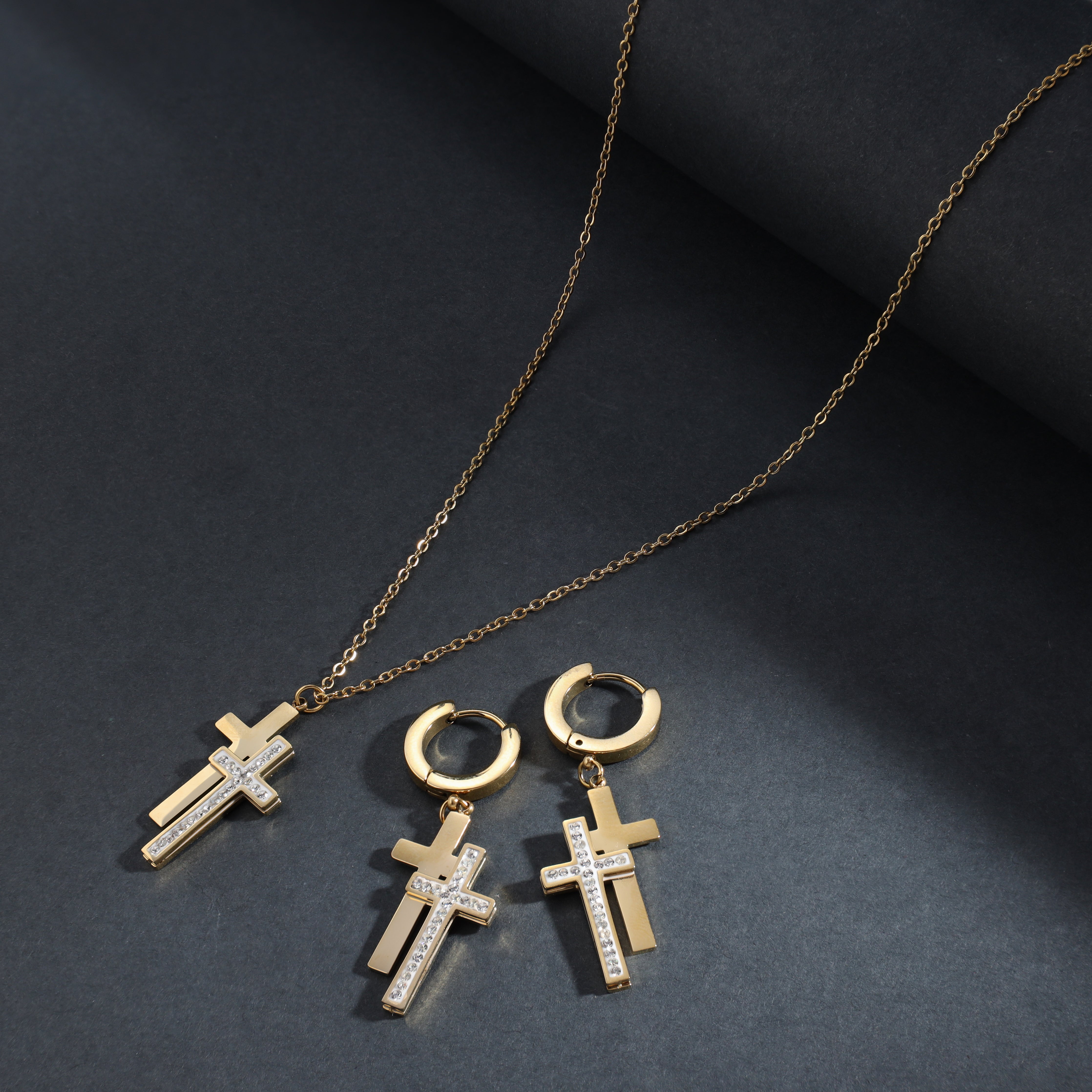 Damen Set Kreuz Halskette and ohrringe aus Edelstahl 18K Vergoldet - Taipan Schmuck