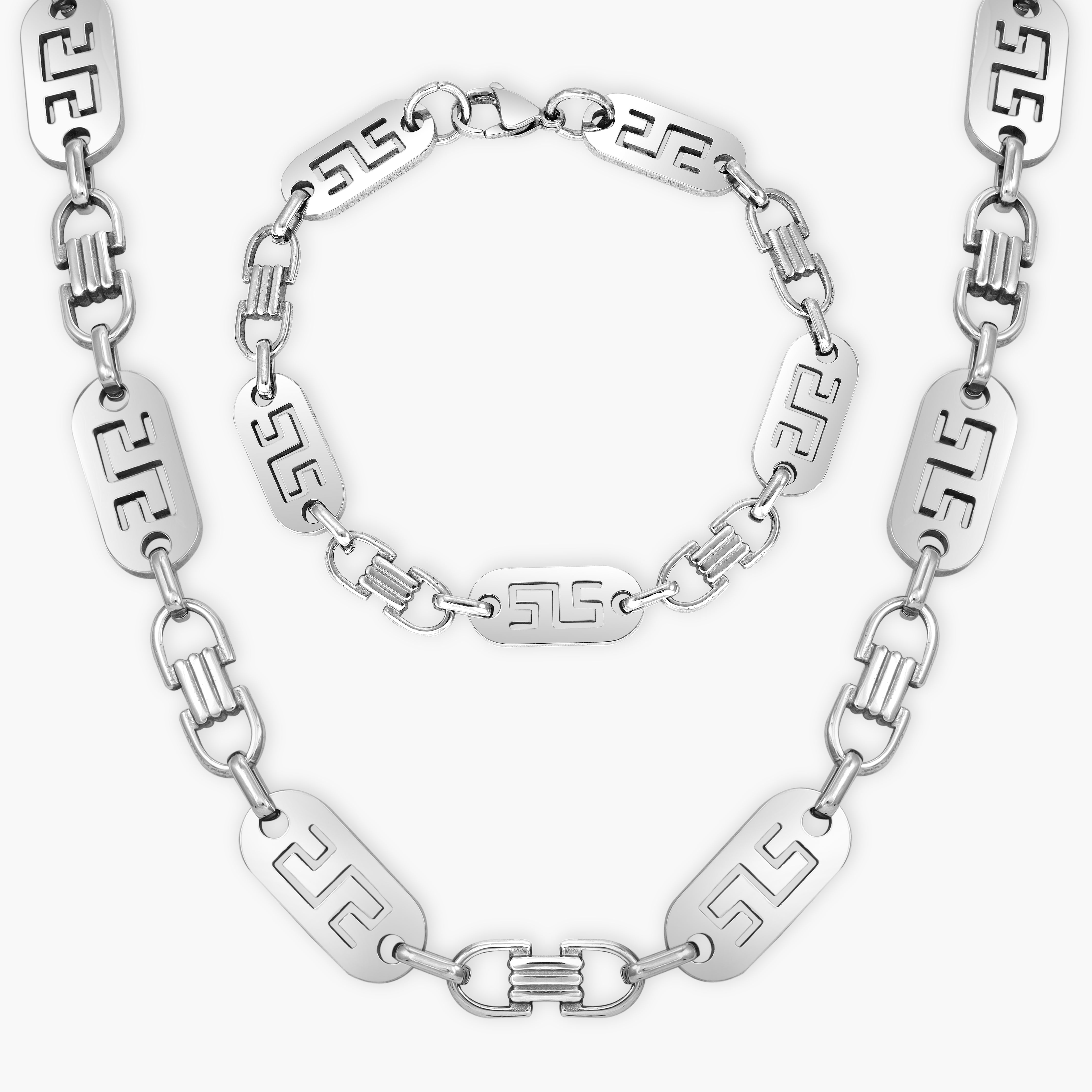 Set Plattenkette Greek Design 10mm breit aus Edelstahl - Taipan Schmuck