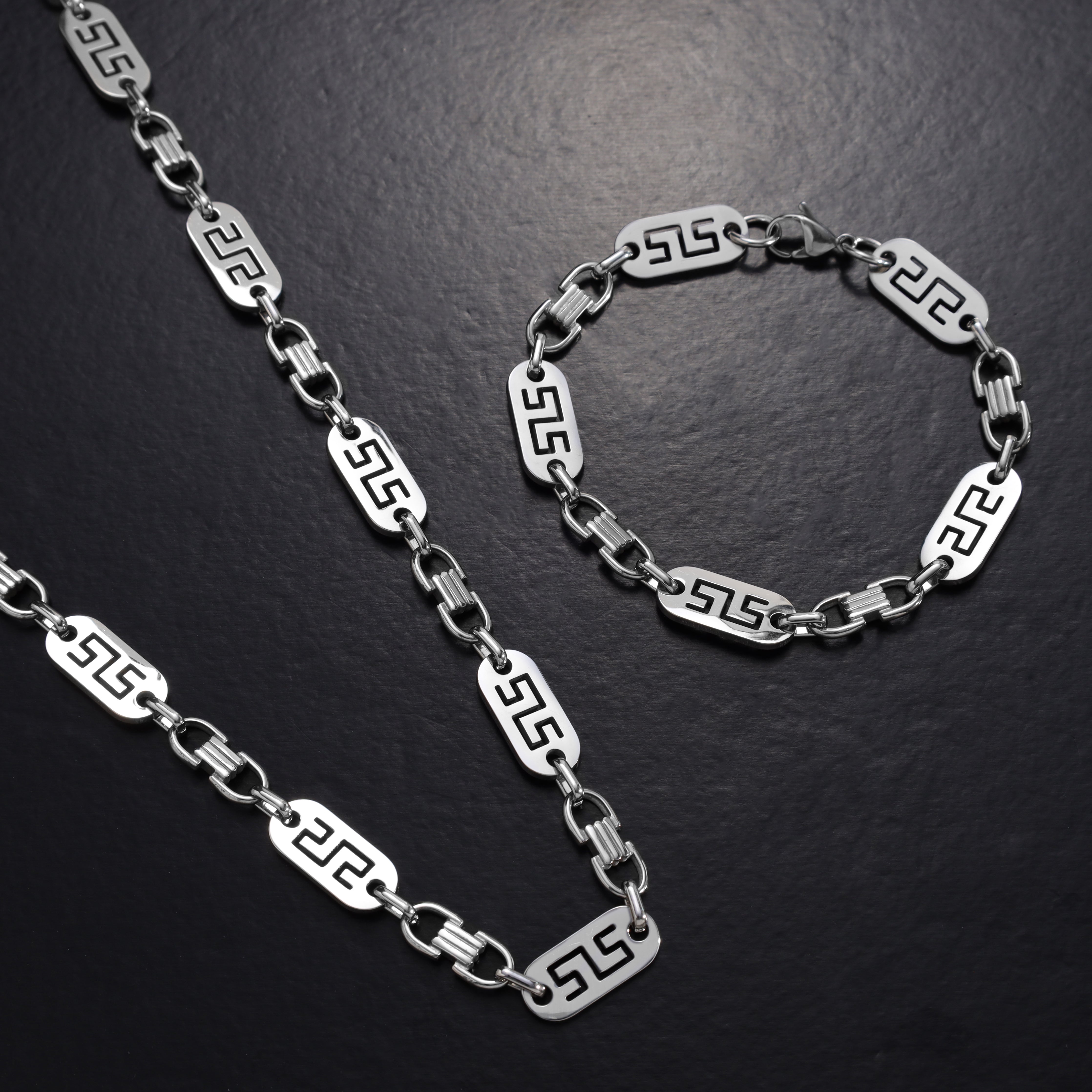 Set Plattenkette Greek Design 10mm breit aus Edelstahl - Taipan Schmuck