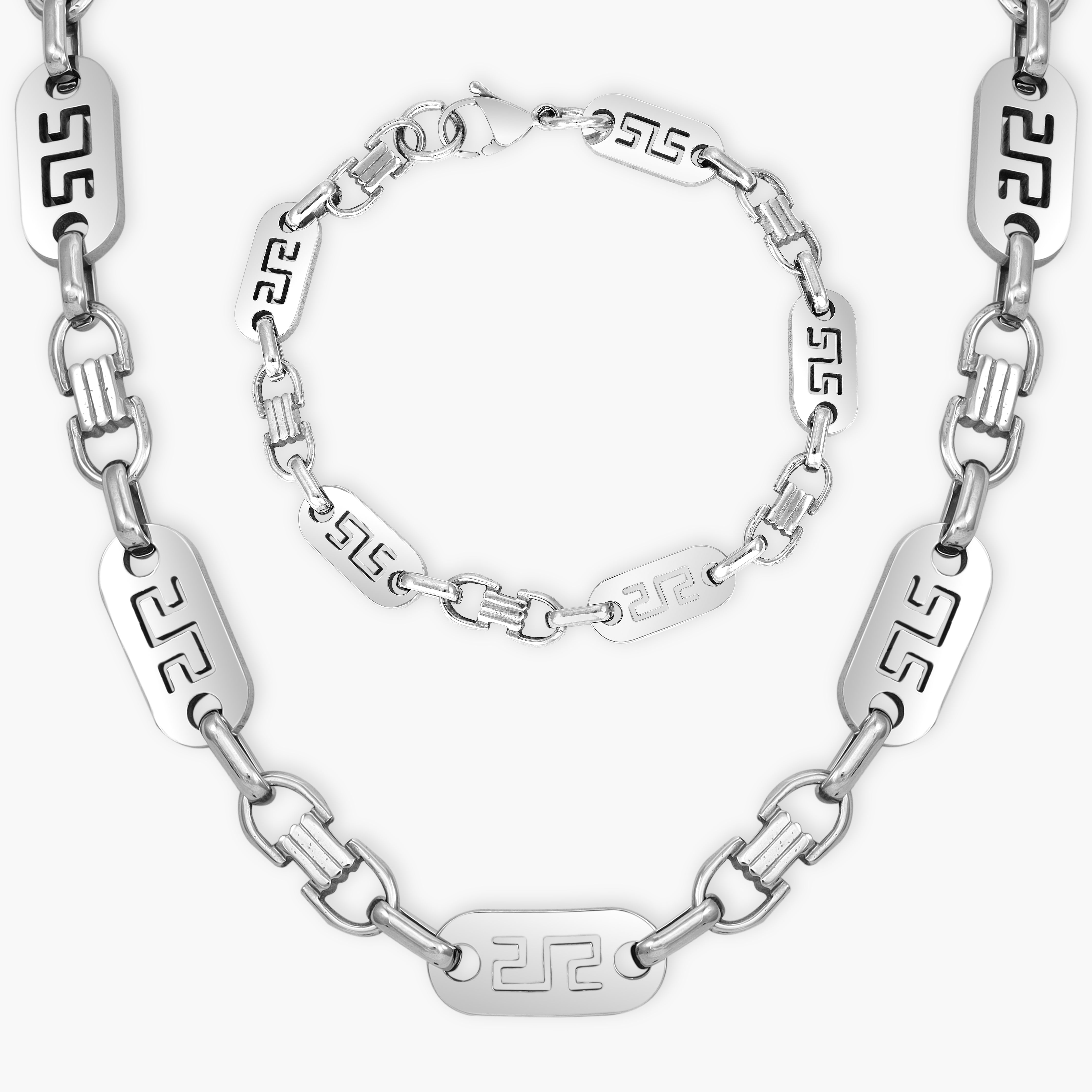 Set Plattenkette Greek Design 8mm breit aus Edelstahl
