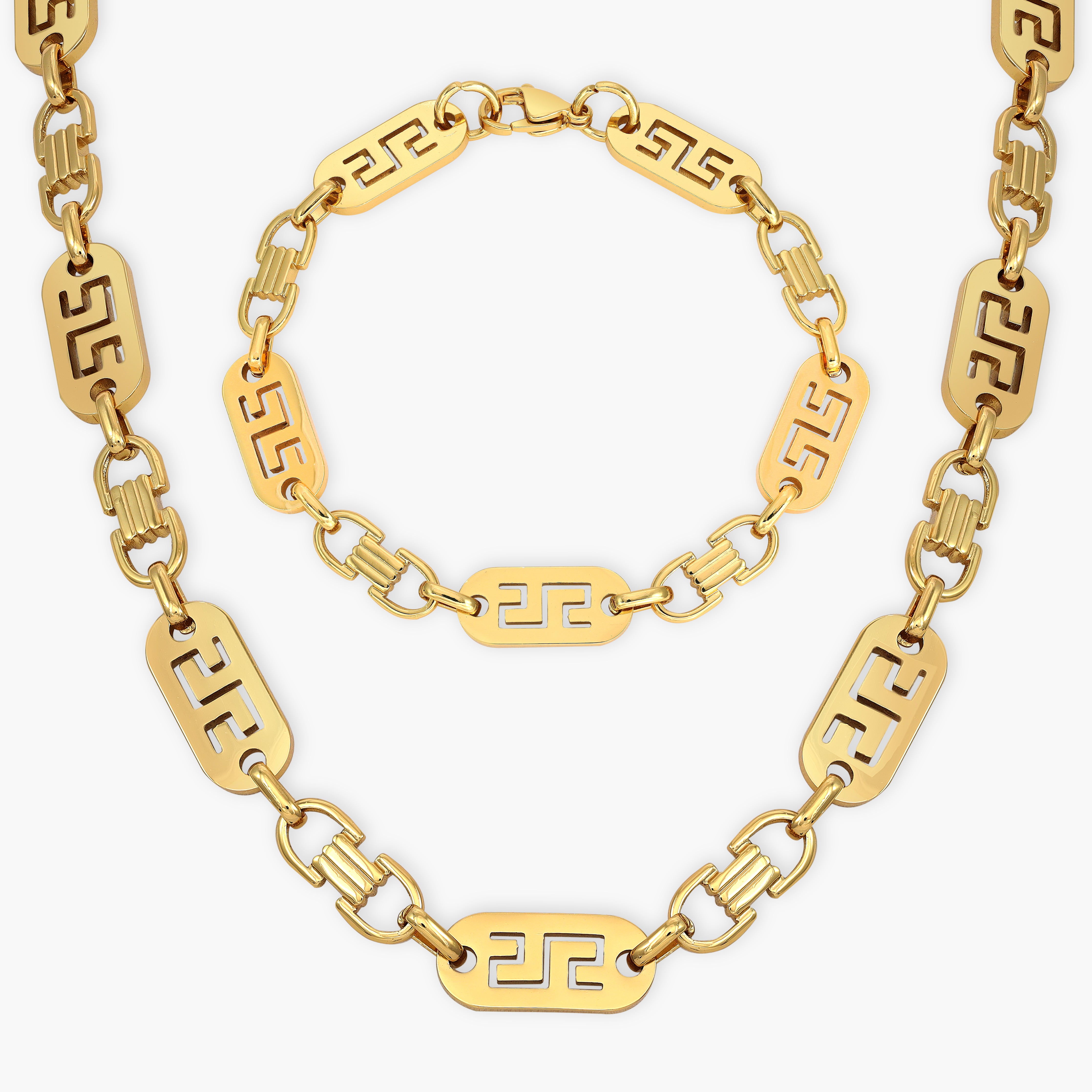 Set Plattenkette Greek Design 10mm breit aus Edelstahl 18K Vergoldet - Taipan Schmuck