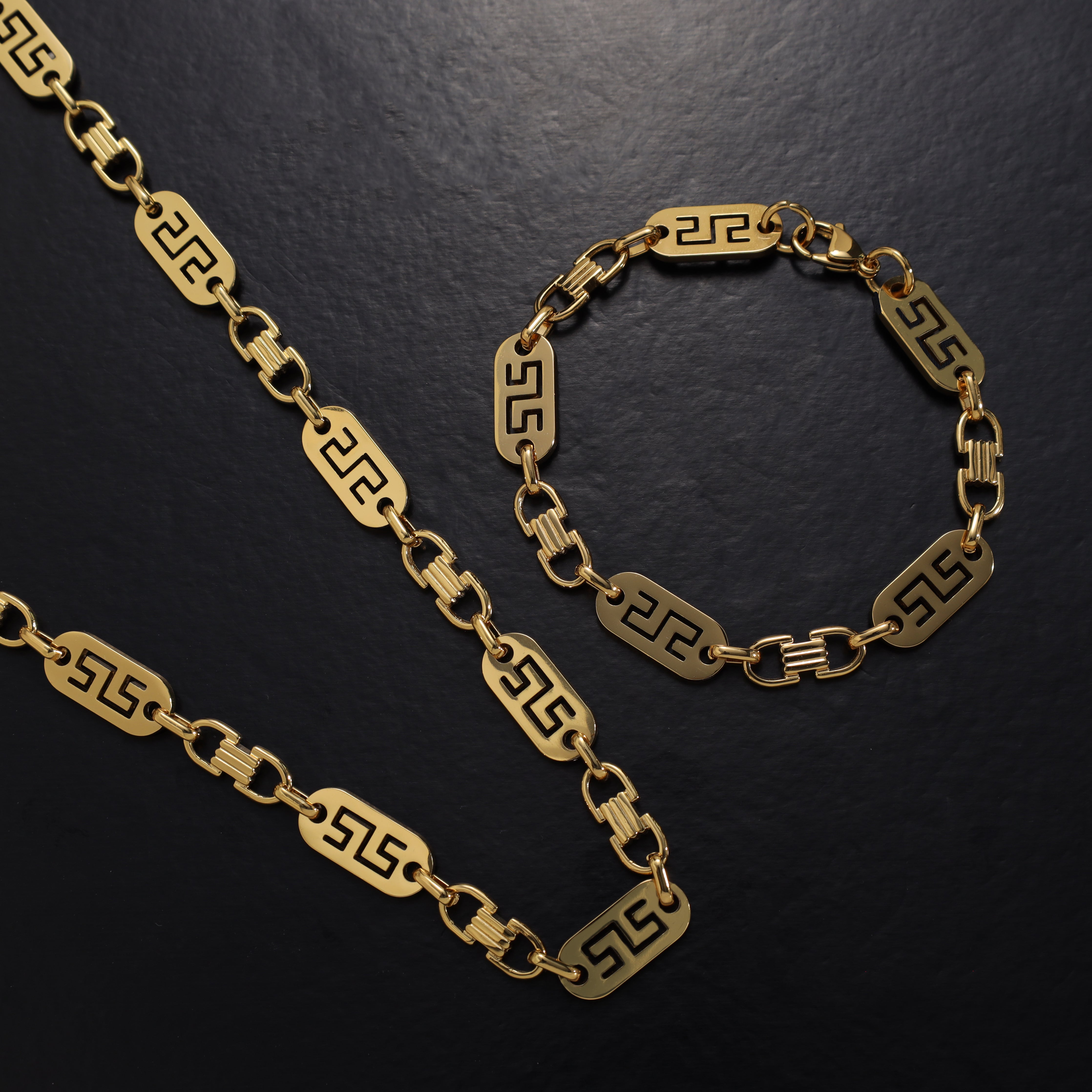 Set Plattenkette Greek Design 10mm breit aus Edelstahl 18K Vergoldet - Taipan Schmuck