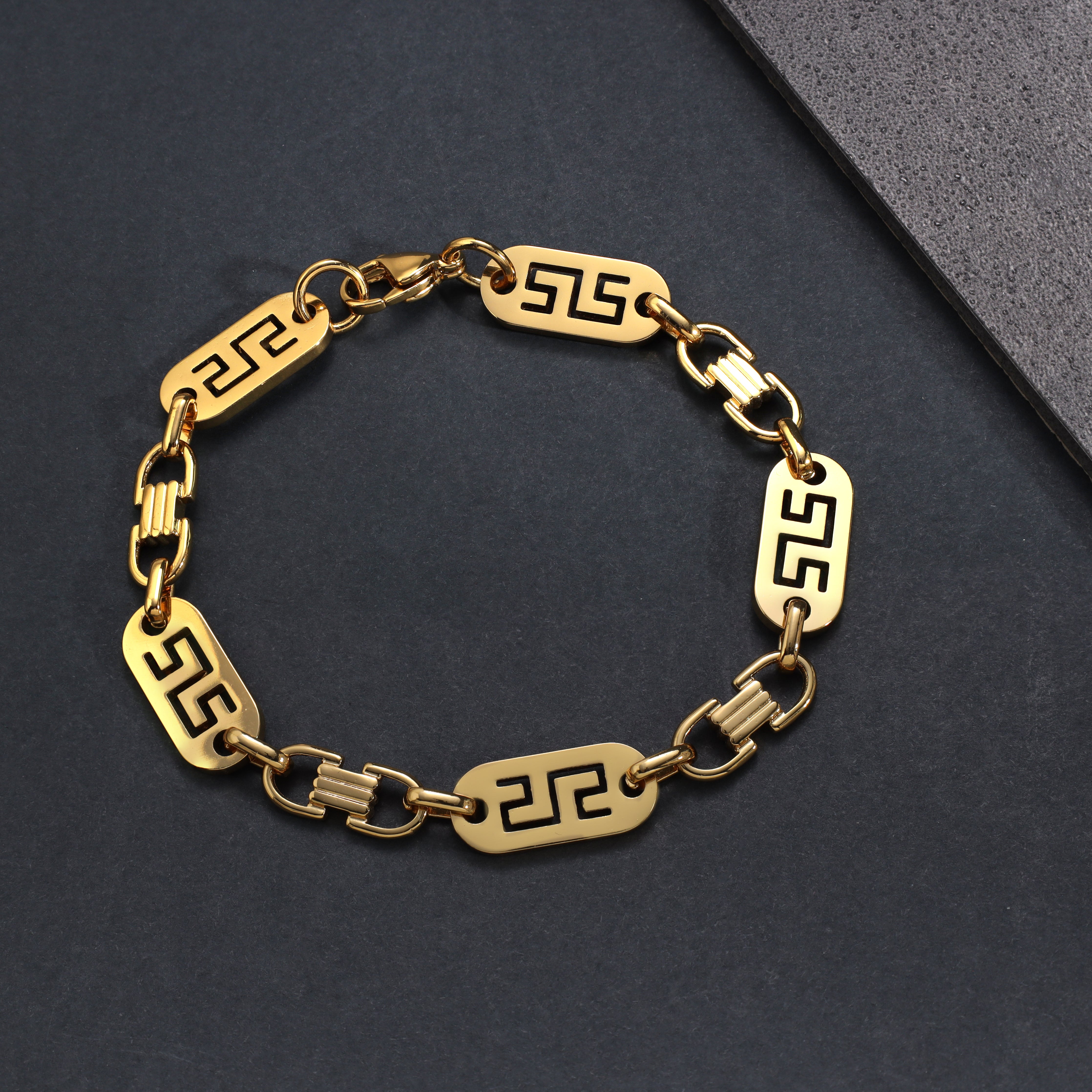 Set Plattenkette Greek Design 10mm breit aus Edelstahl 18K Vergoldet - Taipan Schmuck