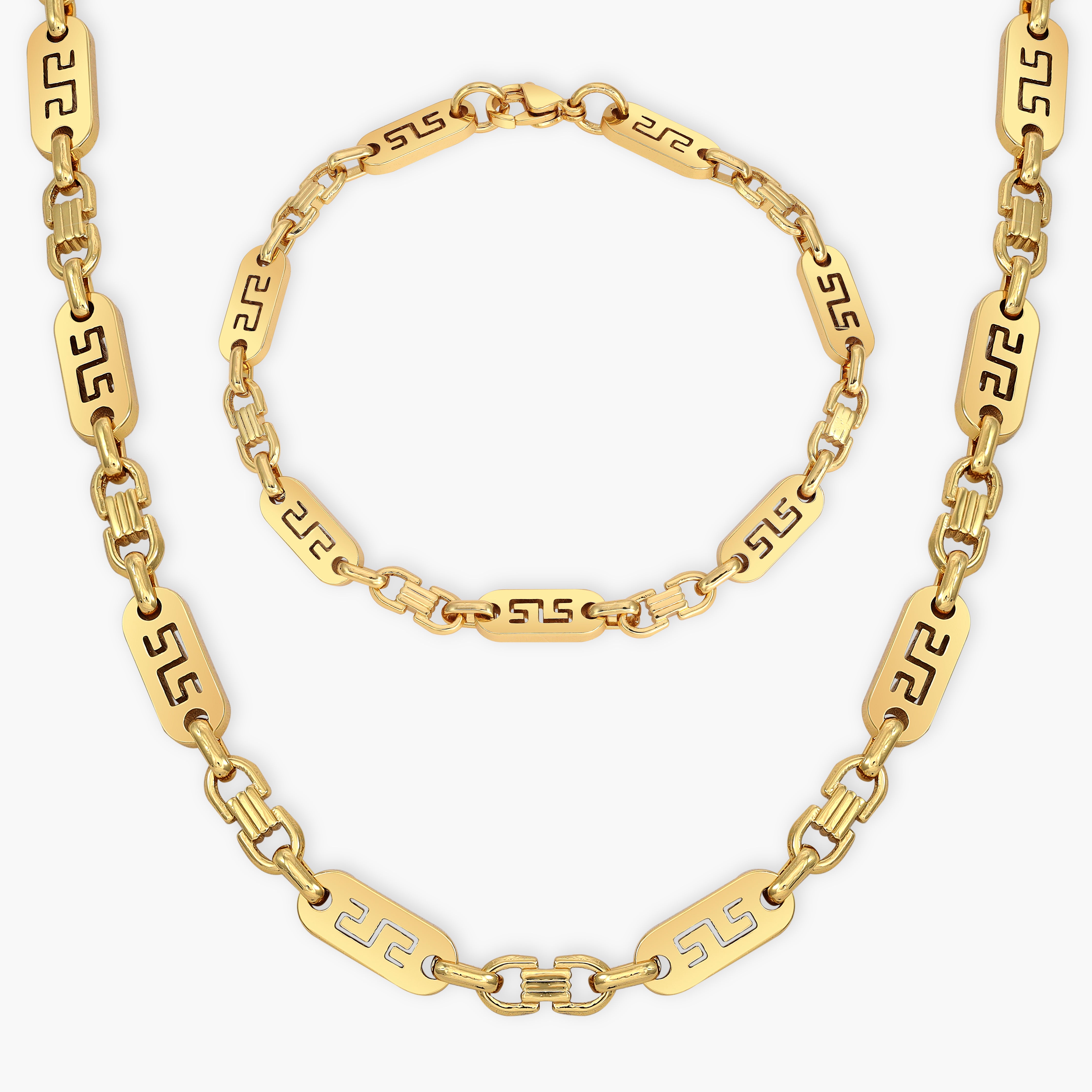 Set Plattenkette Greek design 6mm breit aus Edelstahl 18K Vergoldet - Taipan Schmuck