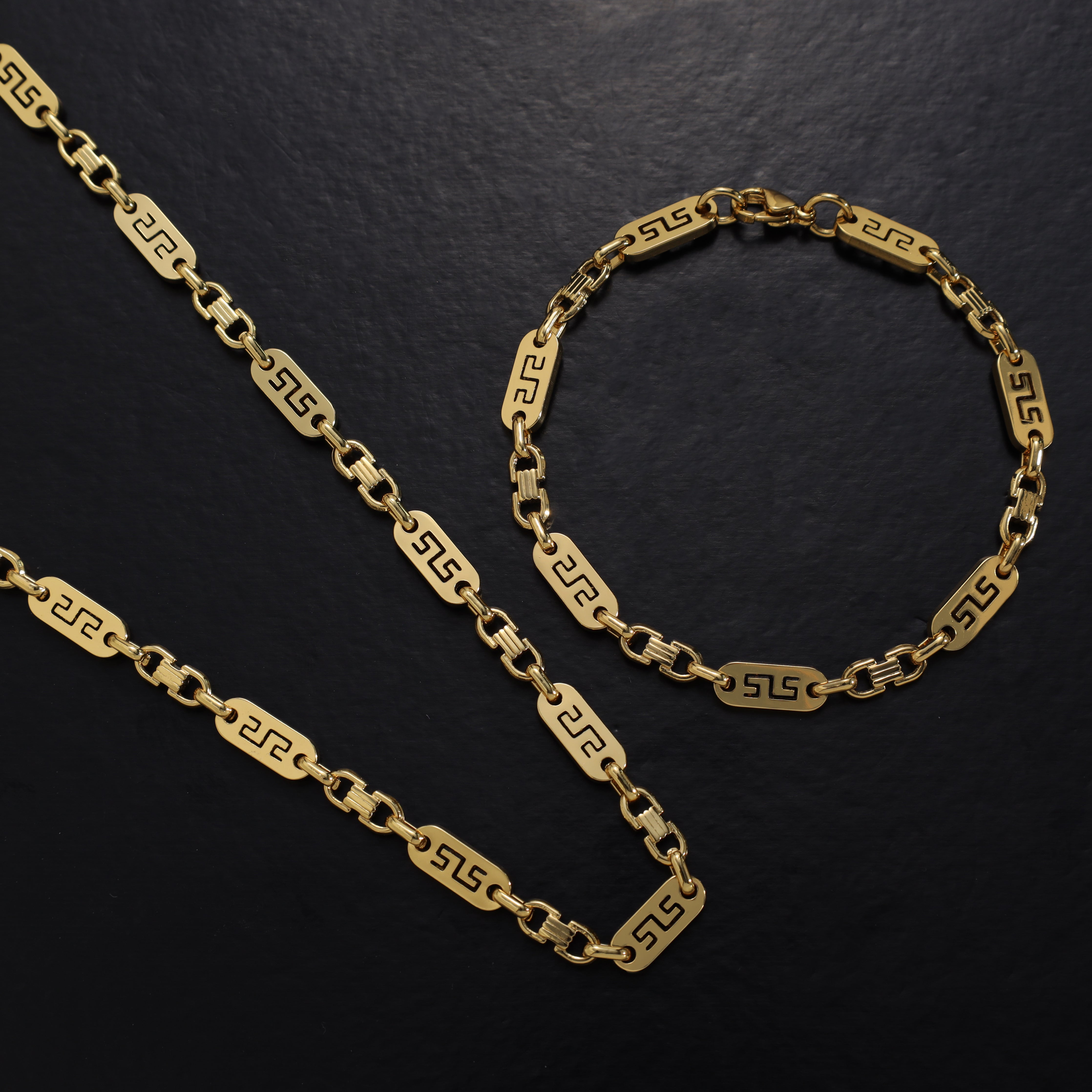 Set Plattenkette Greek design 6mm breit aus Edelstahl 18K Vergoldet - Taipan Schmuck