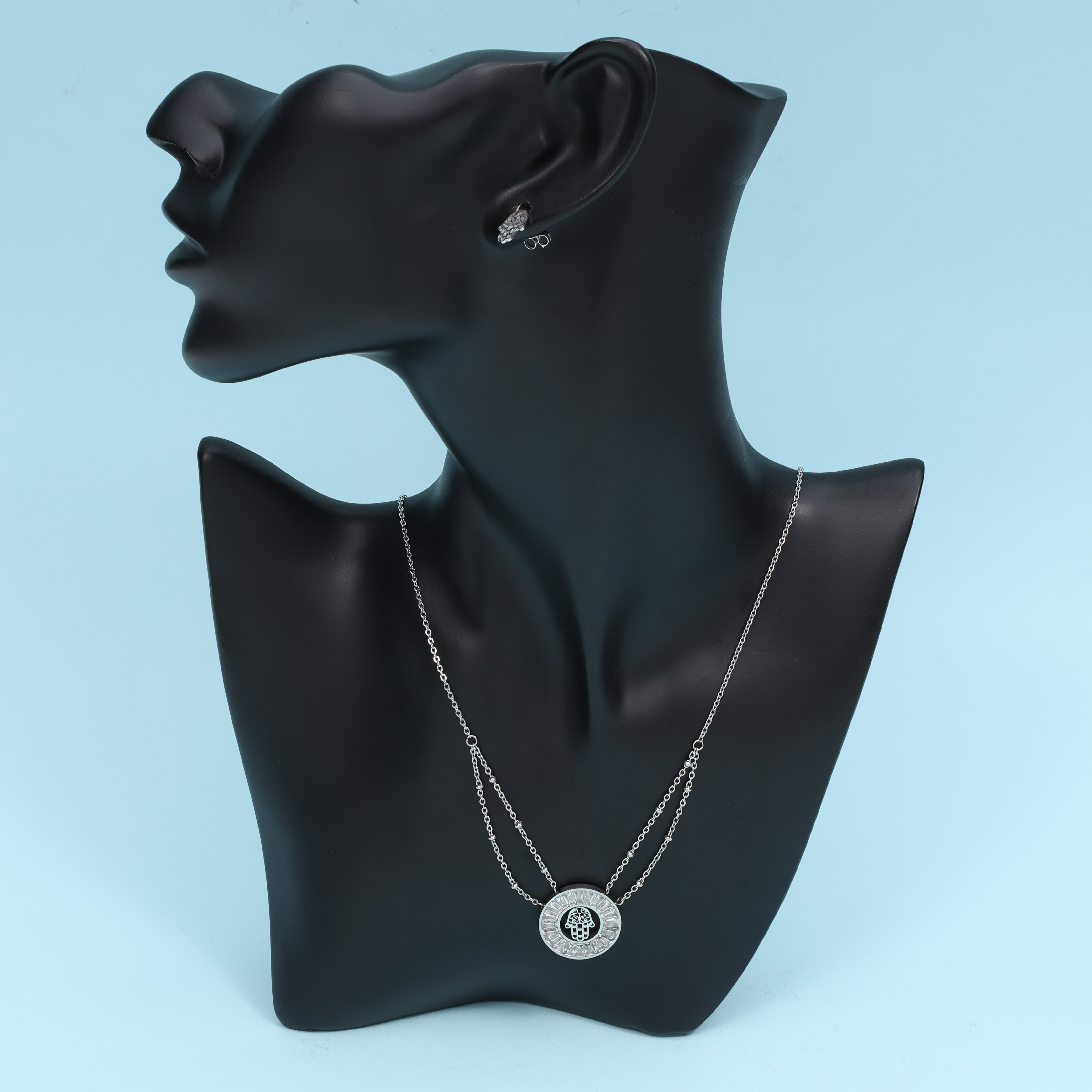 Damen Set Ankerkette mit Hand der Fatima Hamza Anhänger, Ohrringe aus Edelstahl - Taipan Schmuck
