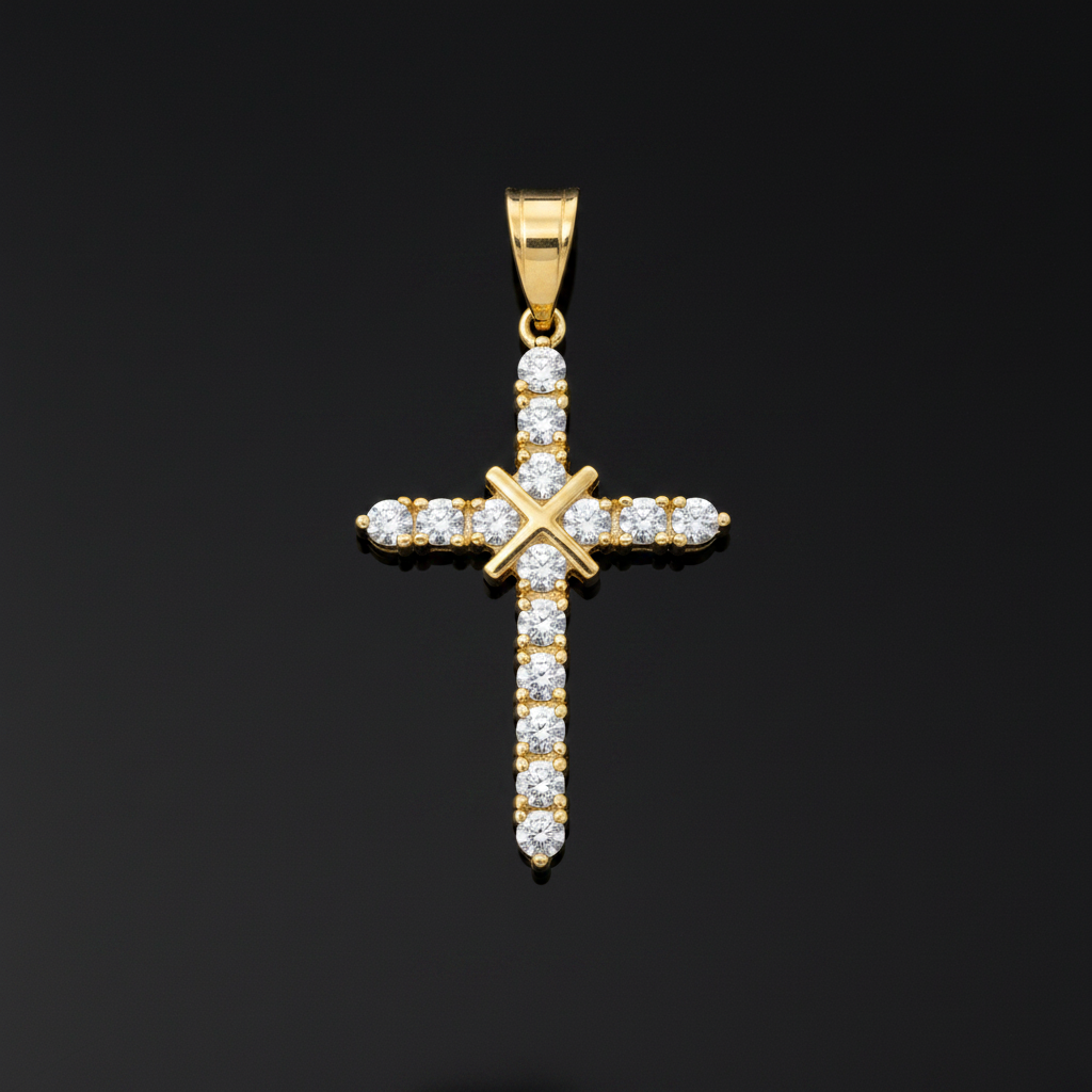 Gold Iced Out Kreuz – Draufsicht schwarz