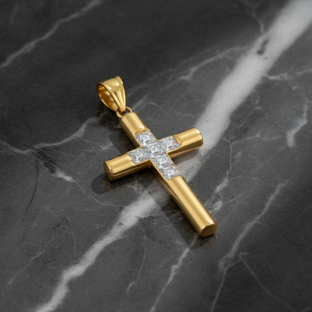 Gold Rohrkreuz Anhänger – Dunkler Marmor