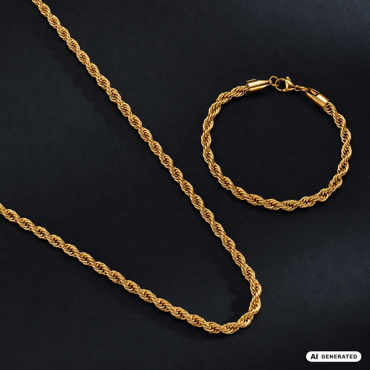 Set - Kette + Armband 5mm Kordelkette Rope Chain aus Edelstahl vergoldet