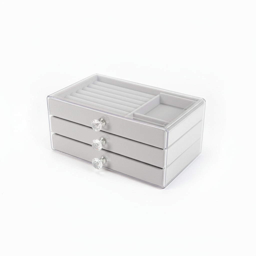 Hellgraue Samt-Schmuckbox mit Acryl-Gehäuse