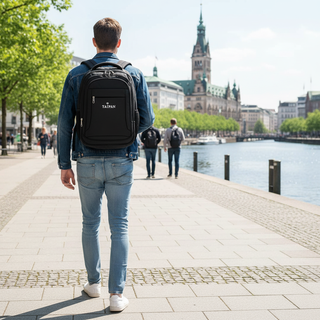 Junger Mann mit TAIPAN Rucksack in Hamburg