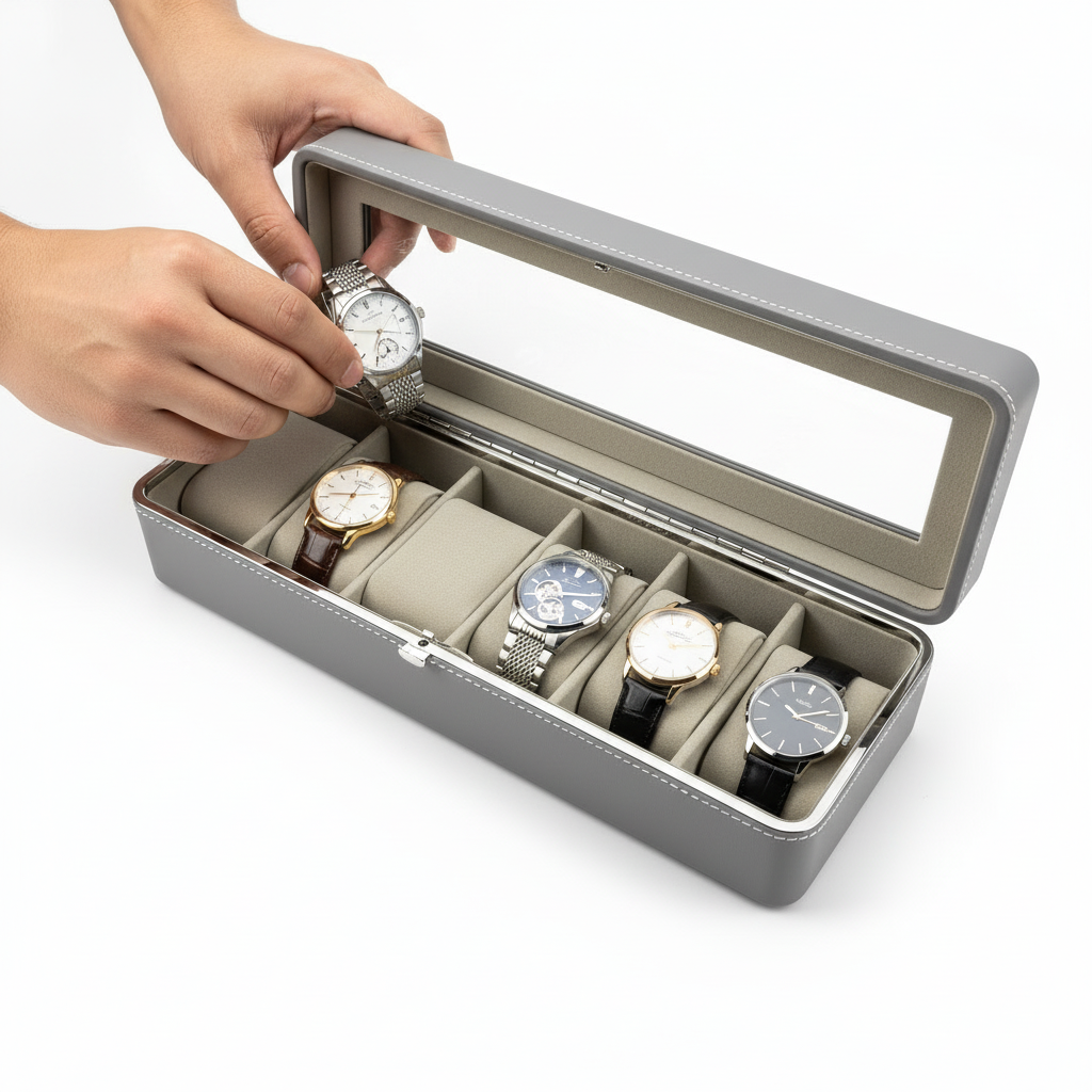 Lifestyle-Bild: Mann legt Uhr in bestückte Box