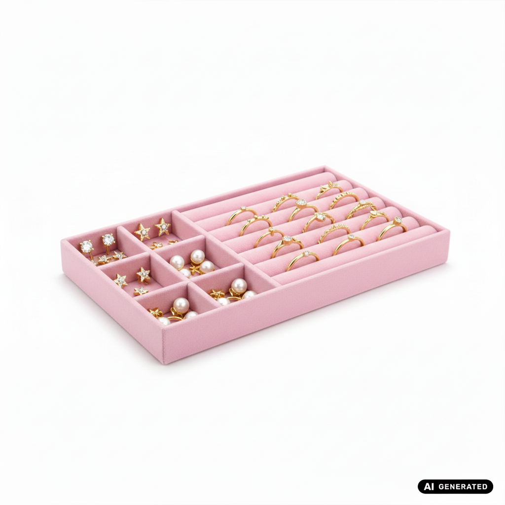 Neues Produktfoto der pinkfarbenen Schmucklade mit Ring-Slots, bestückt mit Schmuck