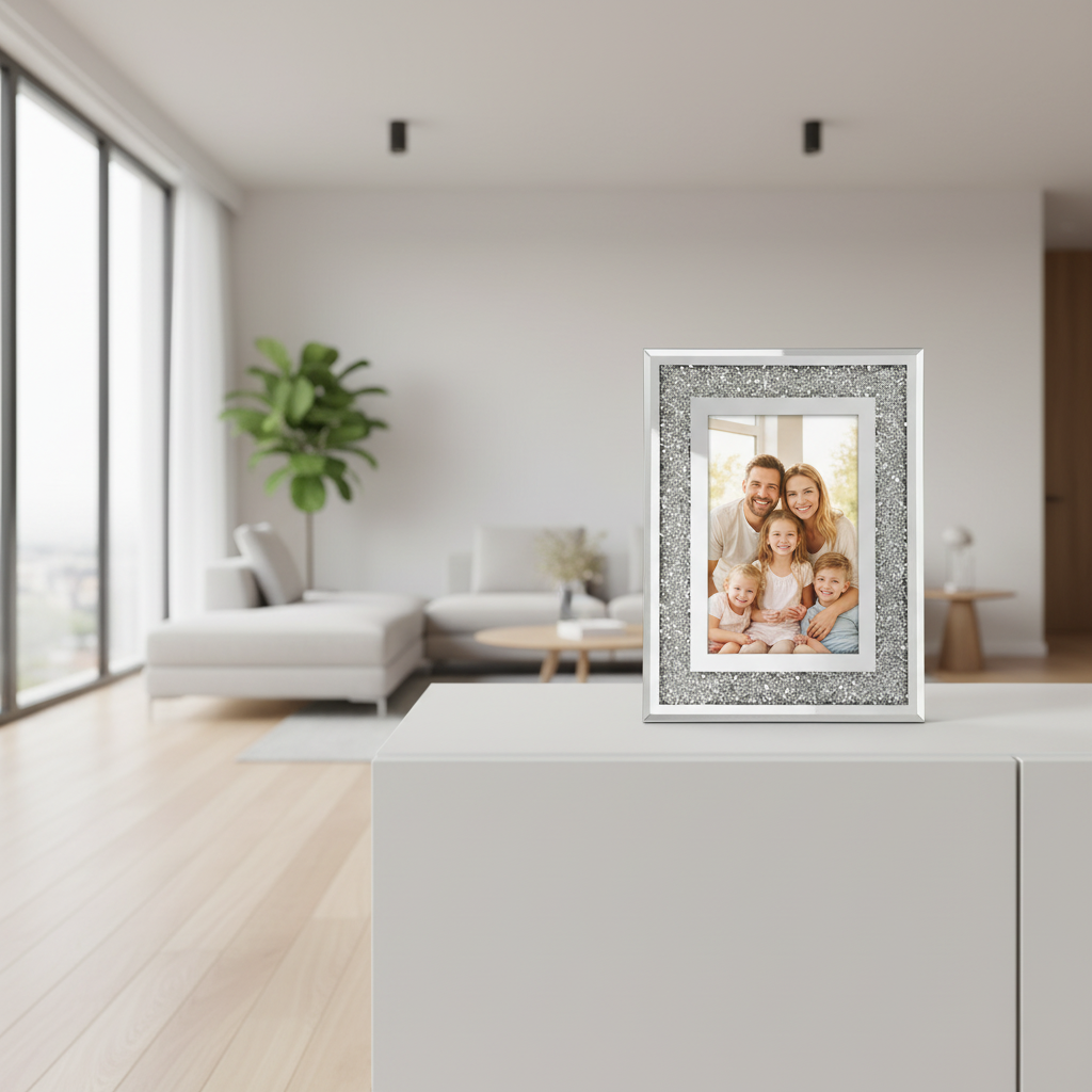 Picture frame with family photo in modern apartment