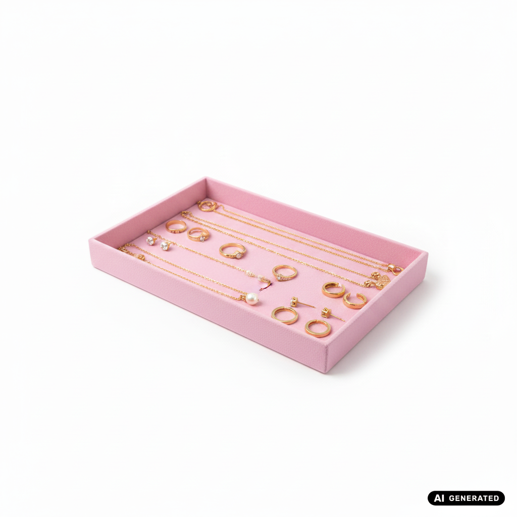 Präsentationsbild der pinkfarbenen Schmucklade mit Schmuck