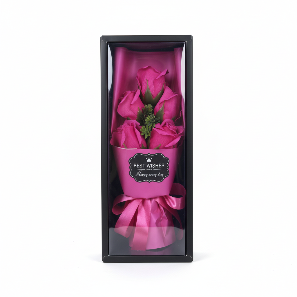 Professional studio product photo of pink rose bouquet in black gift box