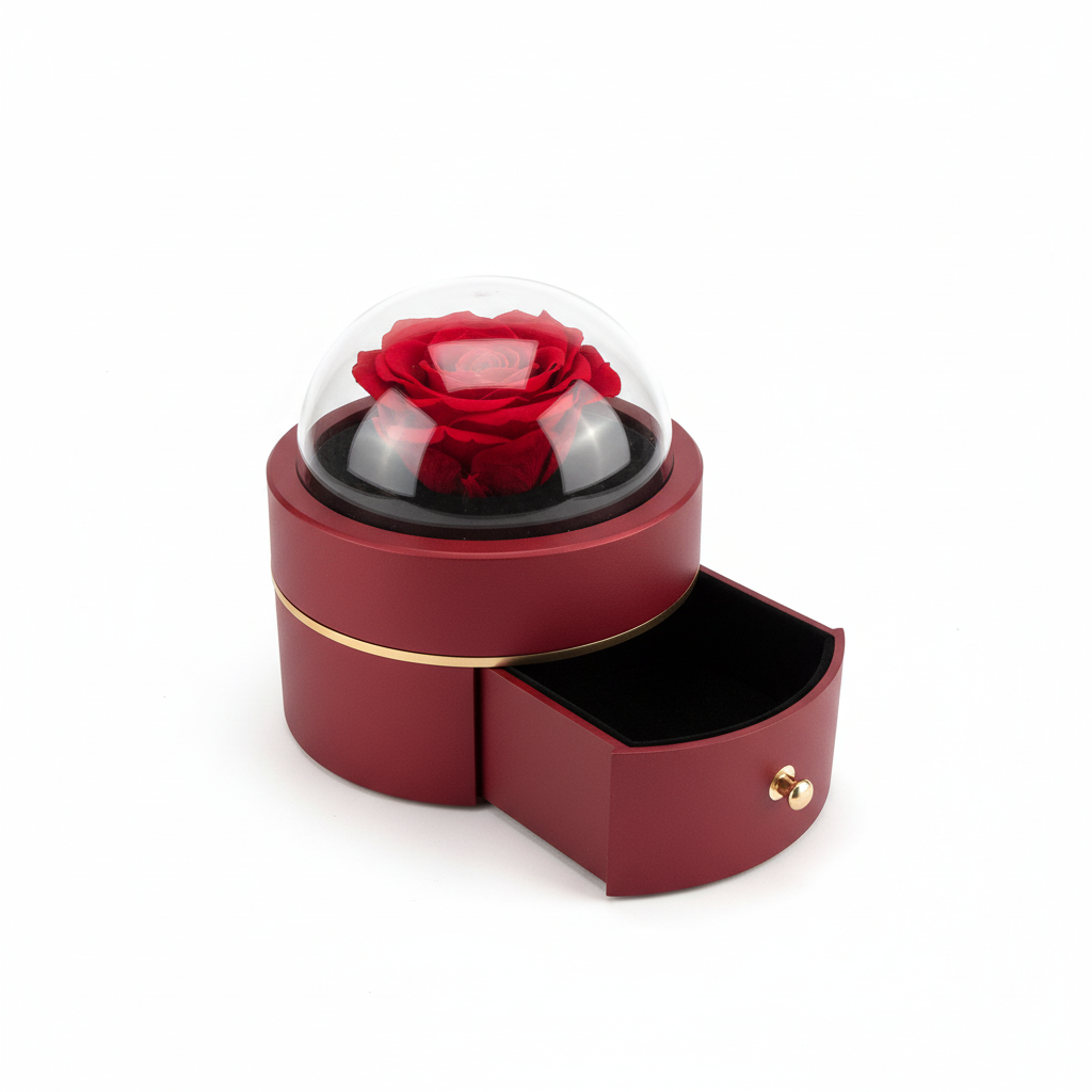 Professionelles Produktbild der roten Schmuckbox mit Glaskuppel, Rose und Schublade