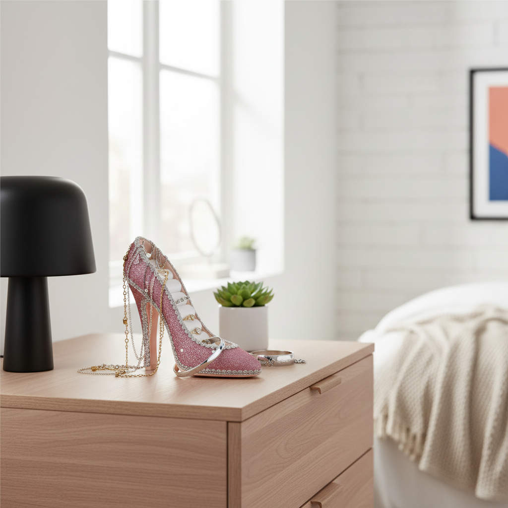 Rosa High-Heel-Schmuckhalter mit Schmuck im modernen Frauenzimmer