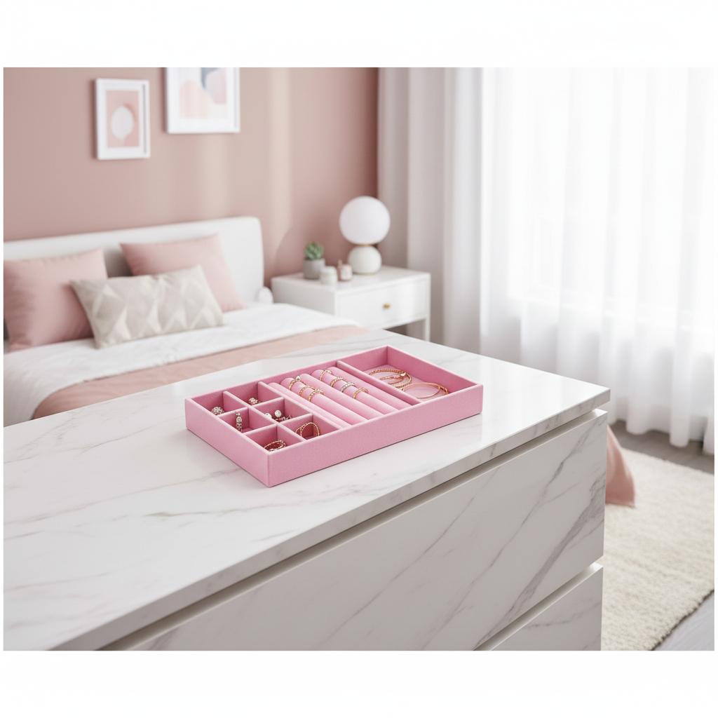 Rosa Schmuckorganizer in modernem Zimmer mit Schmuck