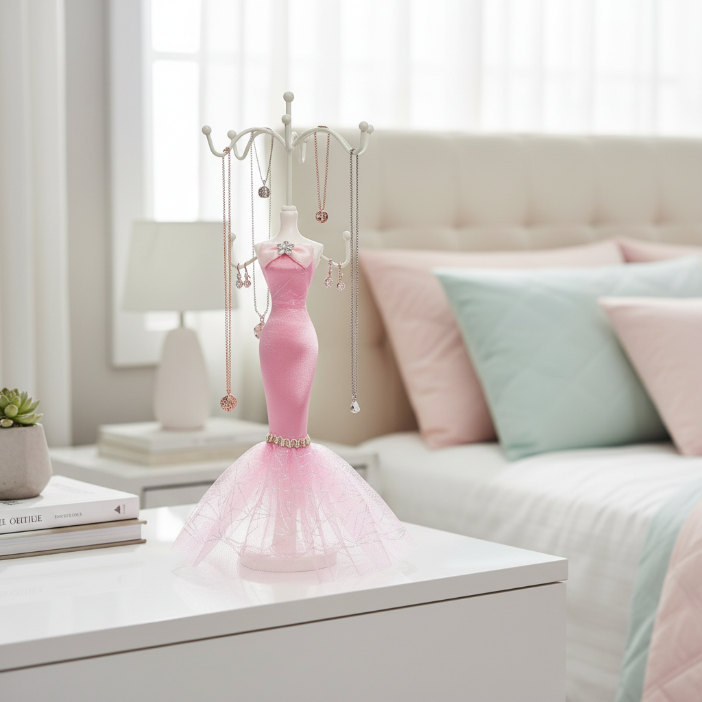 Rosa Schmuckständer in modernem Zimmer mit Schmuck