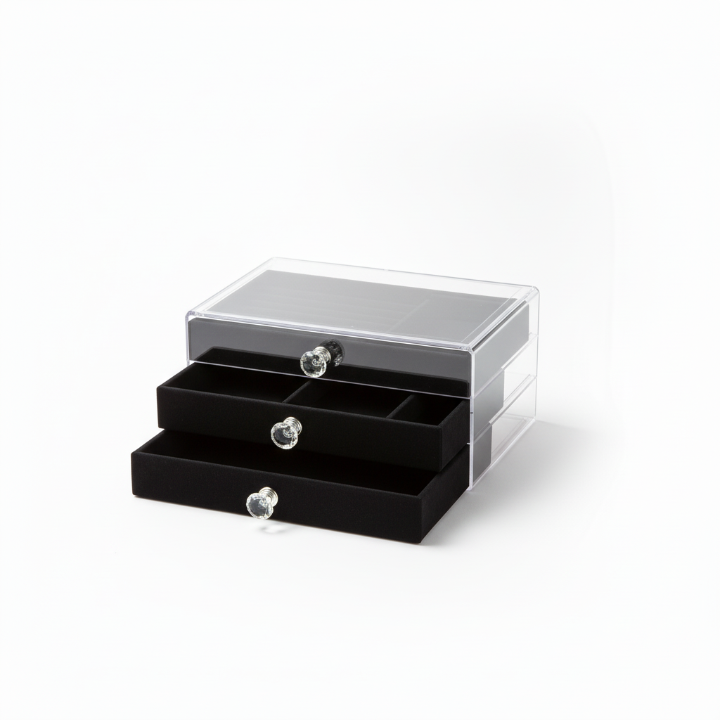 Schwarze Samt-Schmuckbox mit geöffneten Schubladen