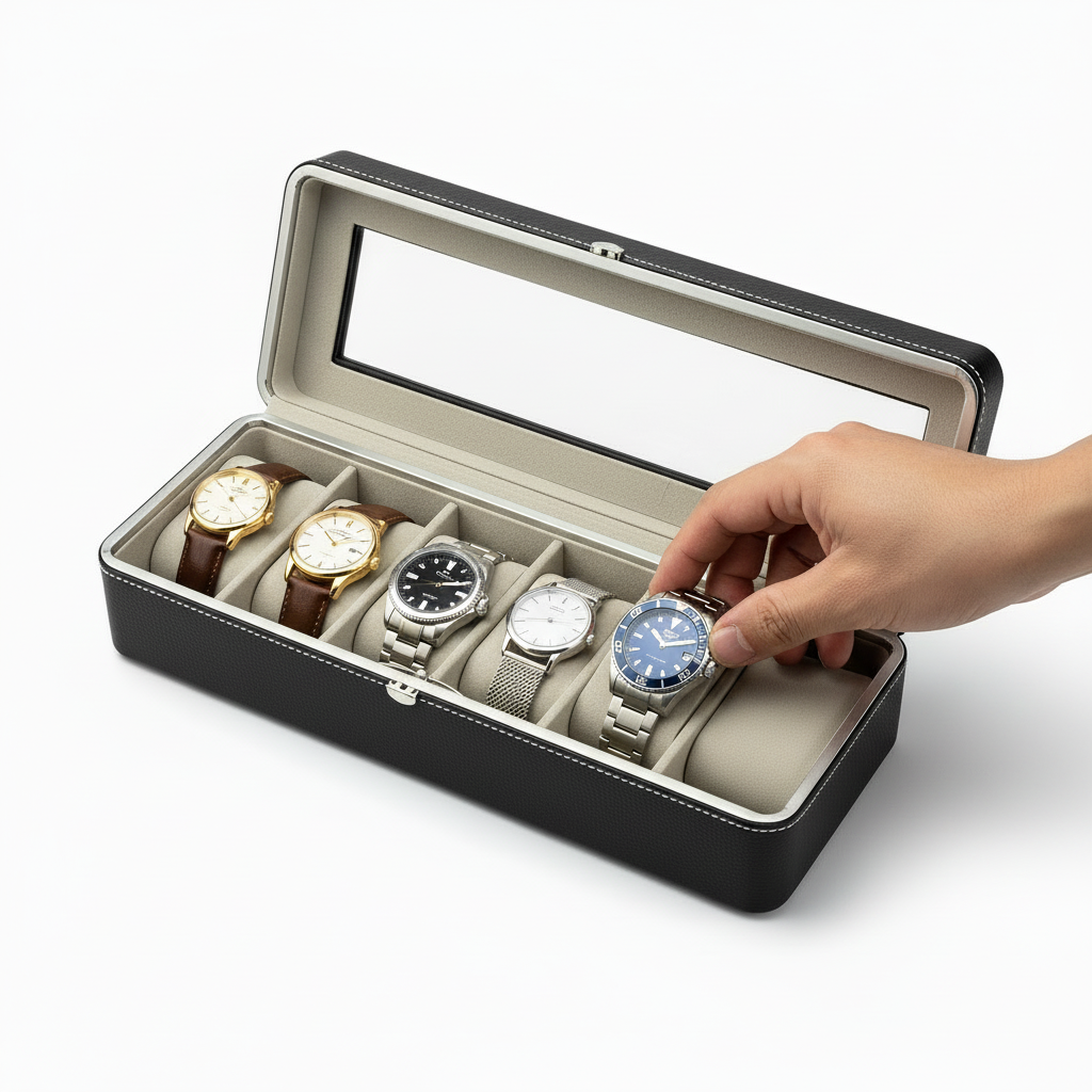 Schwarze Uhrenbox mit Uhren - weißer Hintergrund