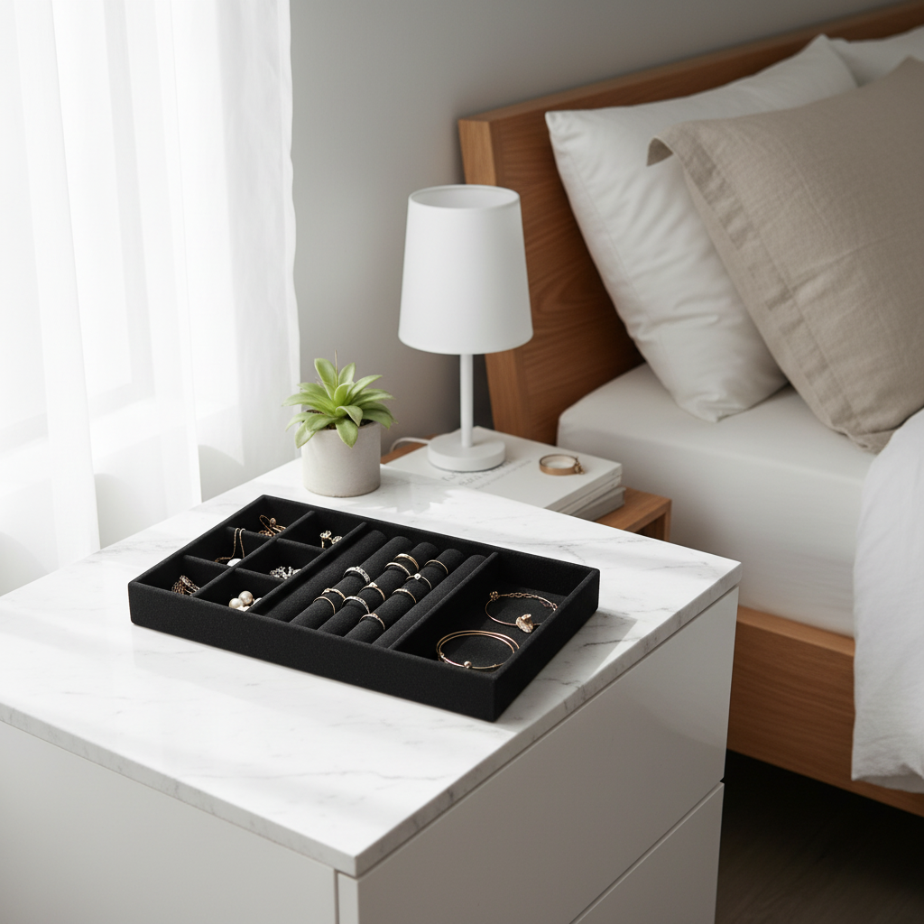 Schwarzer Schmuckorganizer in modernem Zimmer mit Schmuck