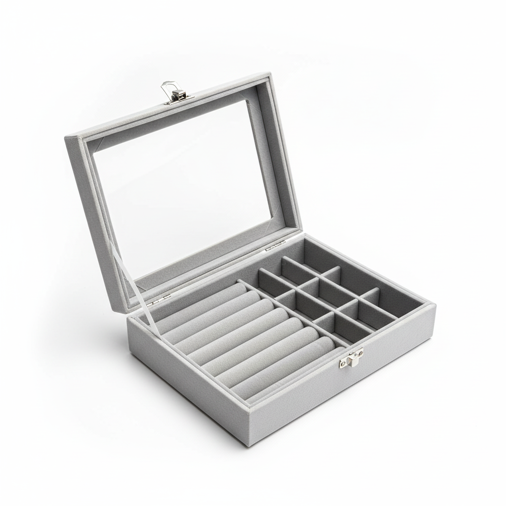 Studio-Produktbild hellgraue Samt-Schmuckbox geöffnet