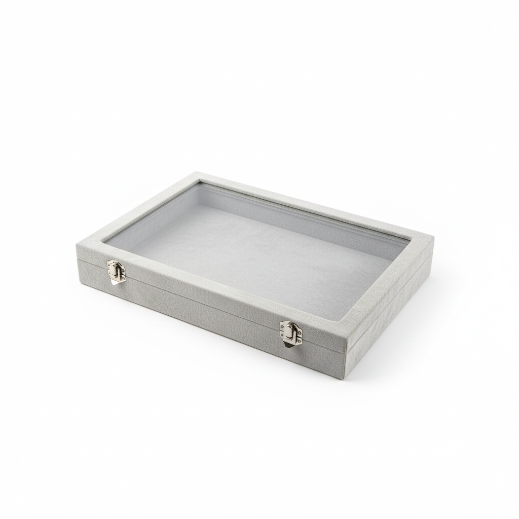 Studio-Produktbild hellgraue Samt-Schmuckbox mit silbernen Verschlüssen