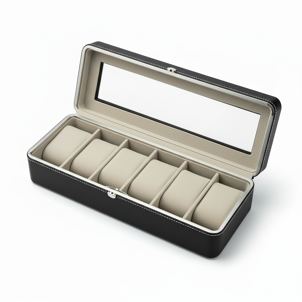 Studio-Produktbild schwarze Uhrenbox mit Chrom-Rändern