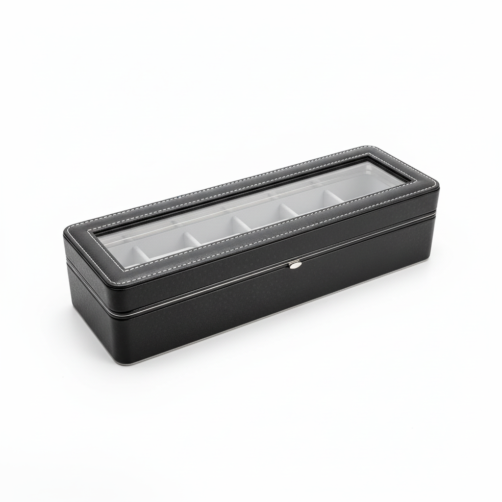 Studio-Produktbild schwarze Uhrenbox mit dezentem Verschluss