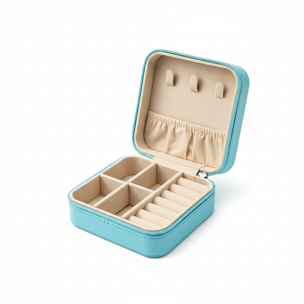 Türkisblaue quadratische Schmuckbox geöffnet mit Innenfächern