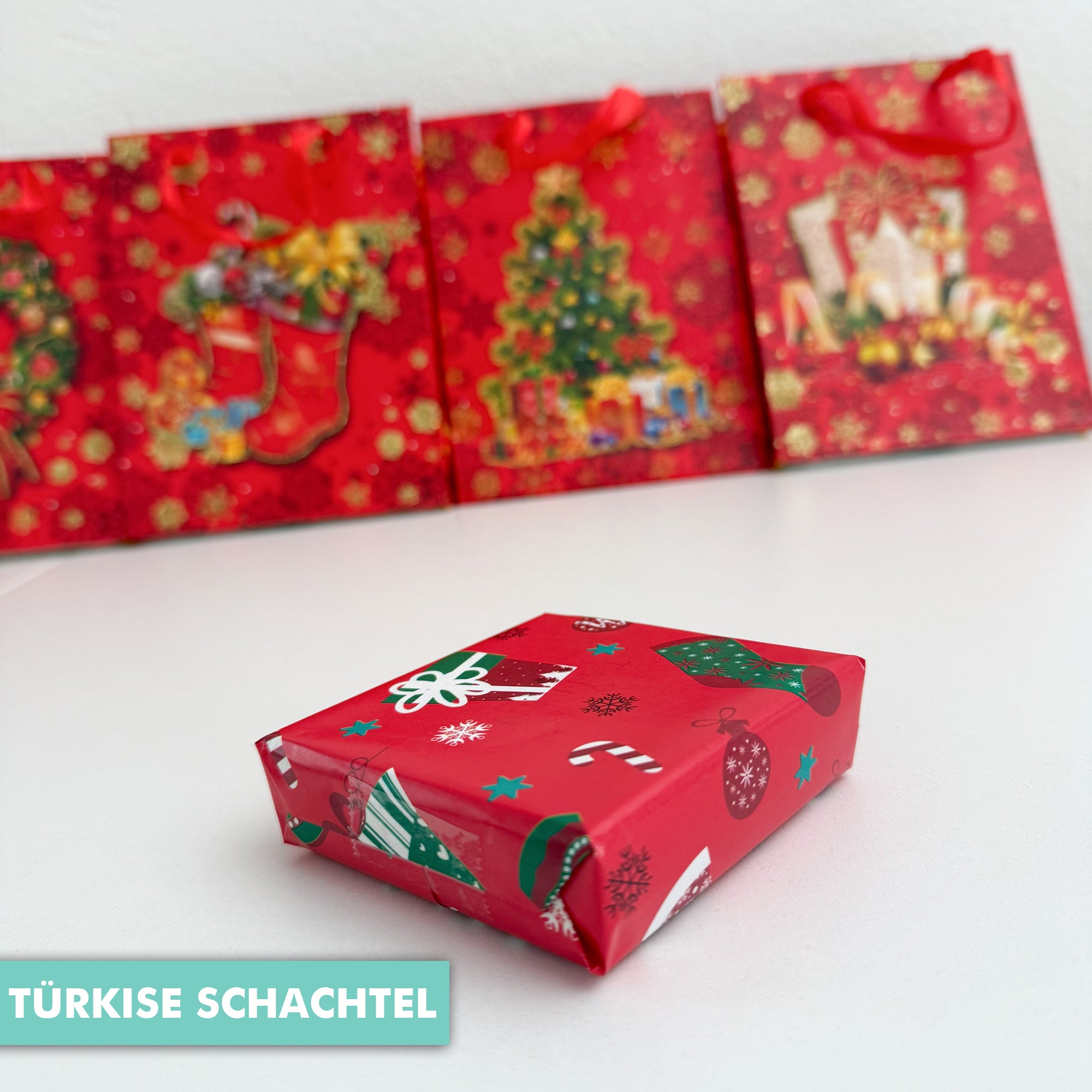 Weihnachtliche Geschenkverpackung inkl. Tüte und Schmuckschachtel türkis