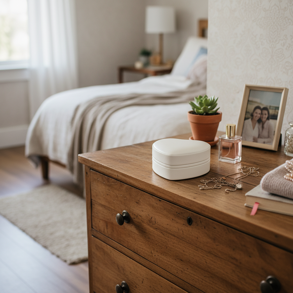 Weiße herzförmige Schmuckbox - natürliche Szene