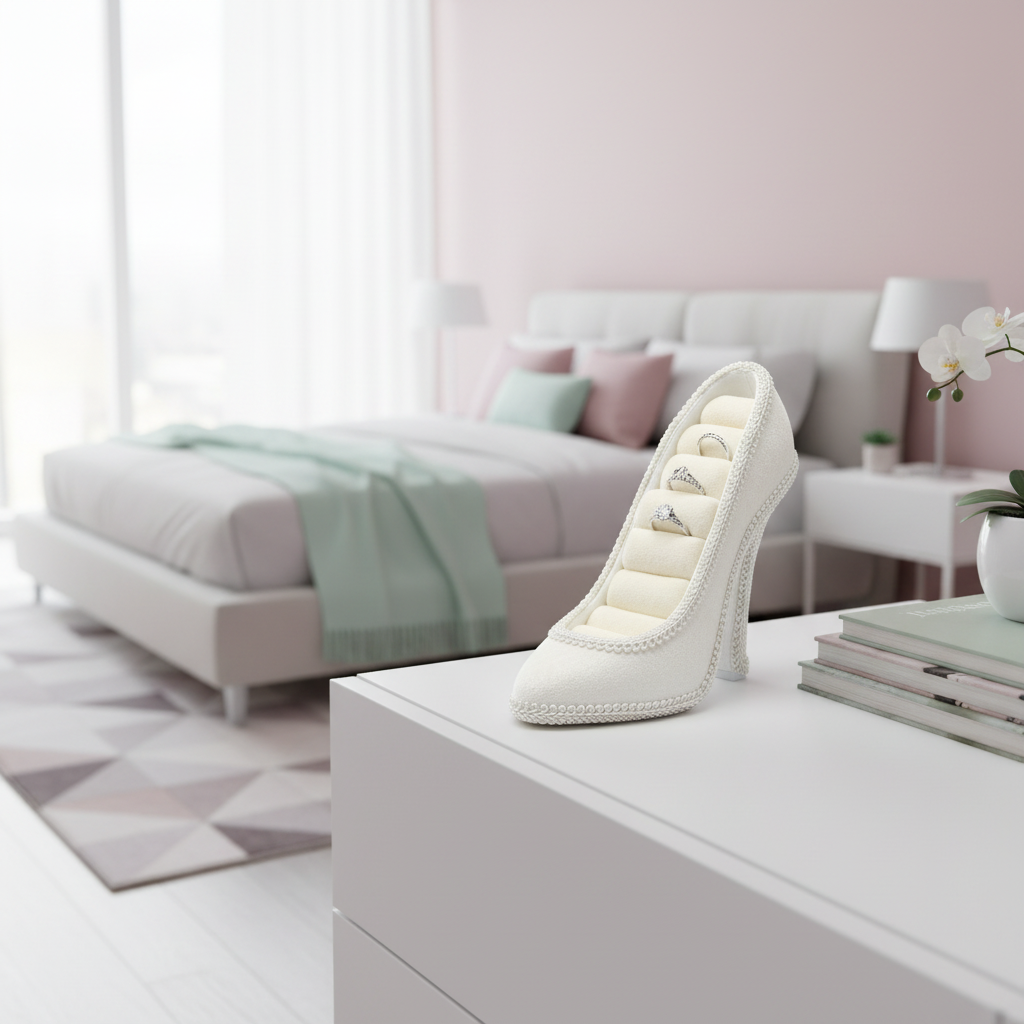 Weißer High Heel Schmuckorganizer in modernem Zimmer mit Schmuck