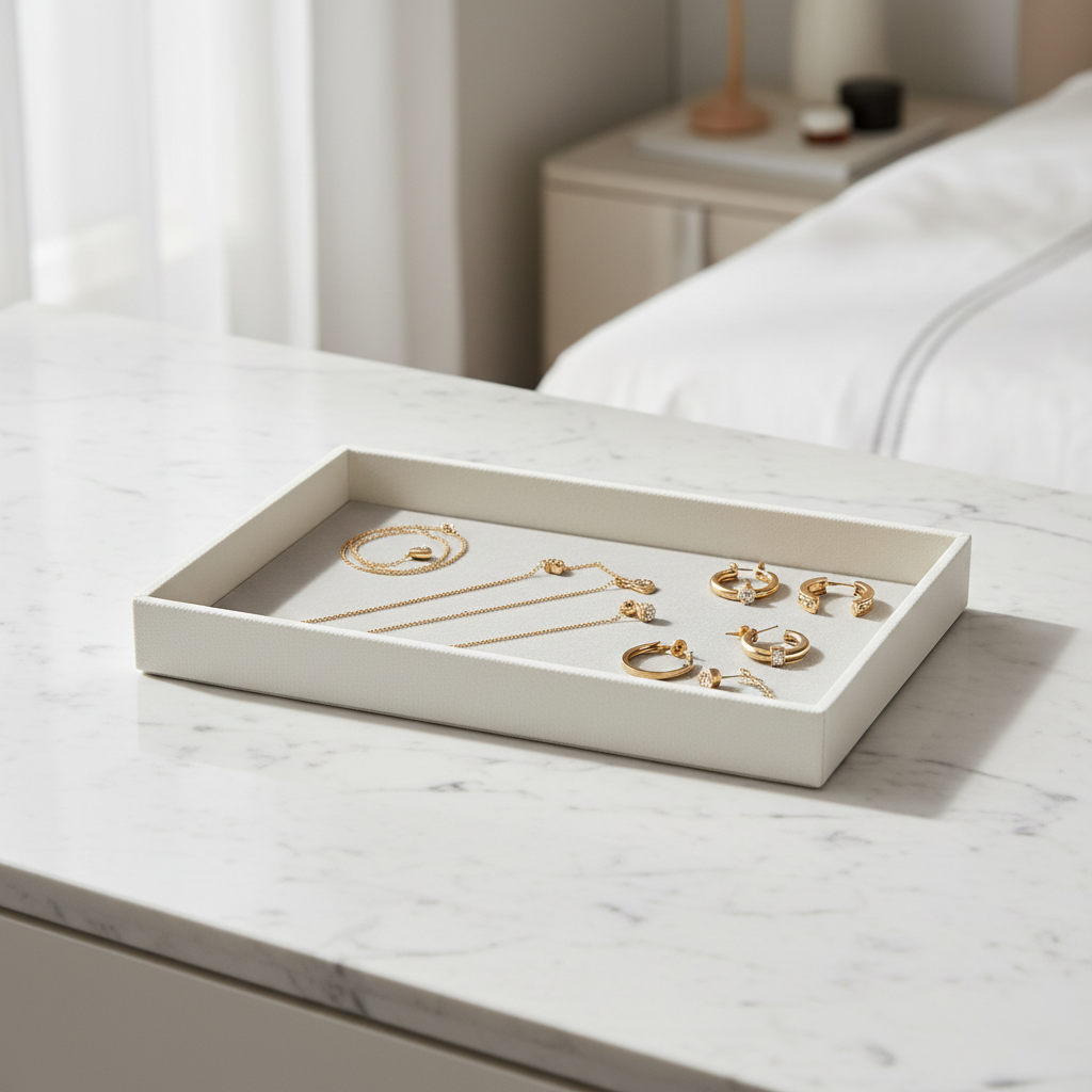 Weißes Schmucktablett ohne Fächer im modernen Zimmer