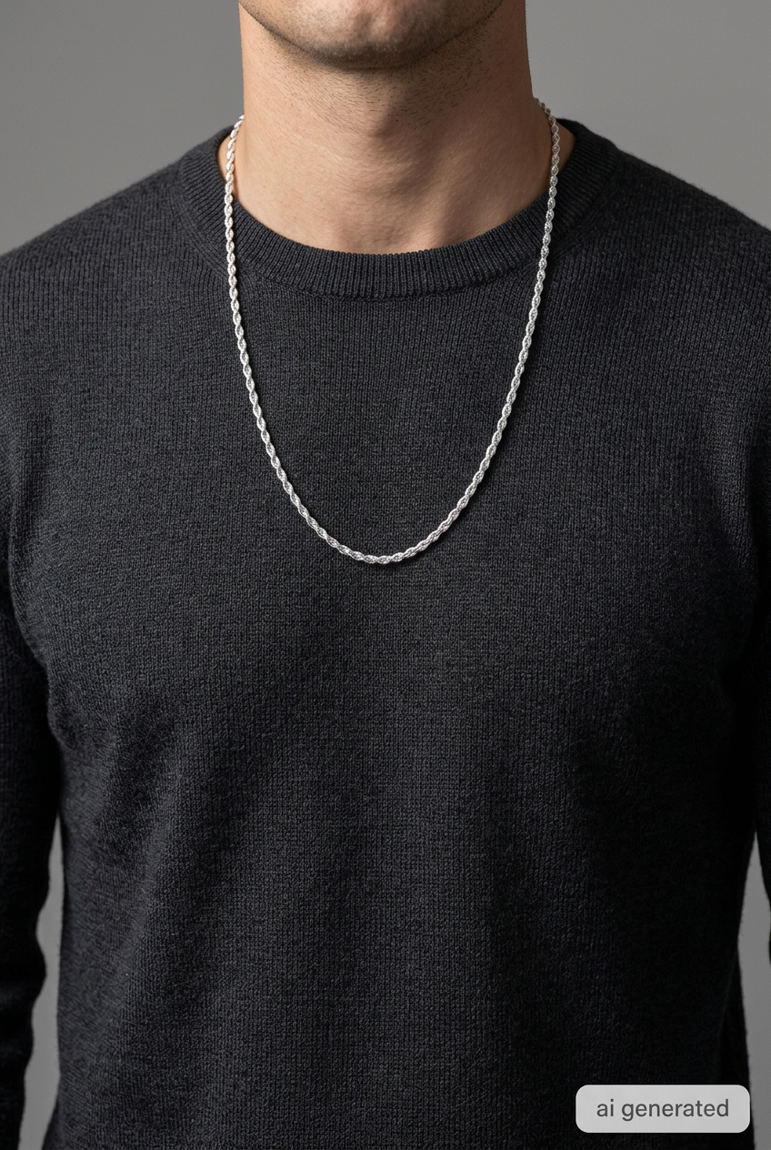 2,3-mm-Rope-Chain getragen über dunklem Pullover