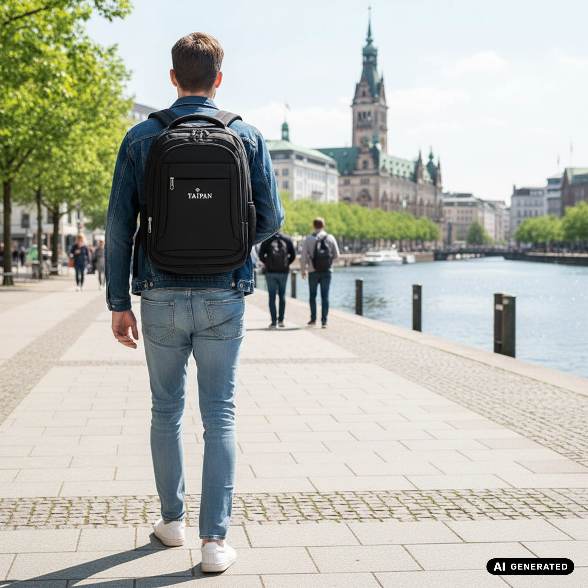 Taipan Rucksack schwarz mit 7 Fächern, Laptop Fach, Trolley Schlaufe aus Nylon