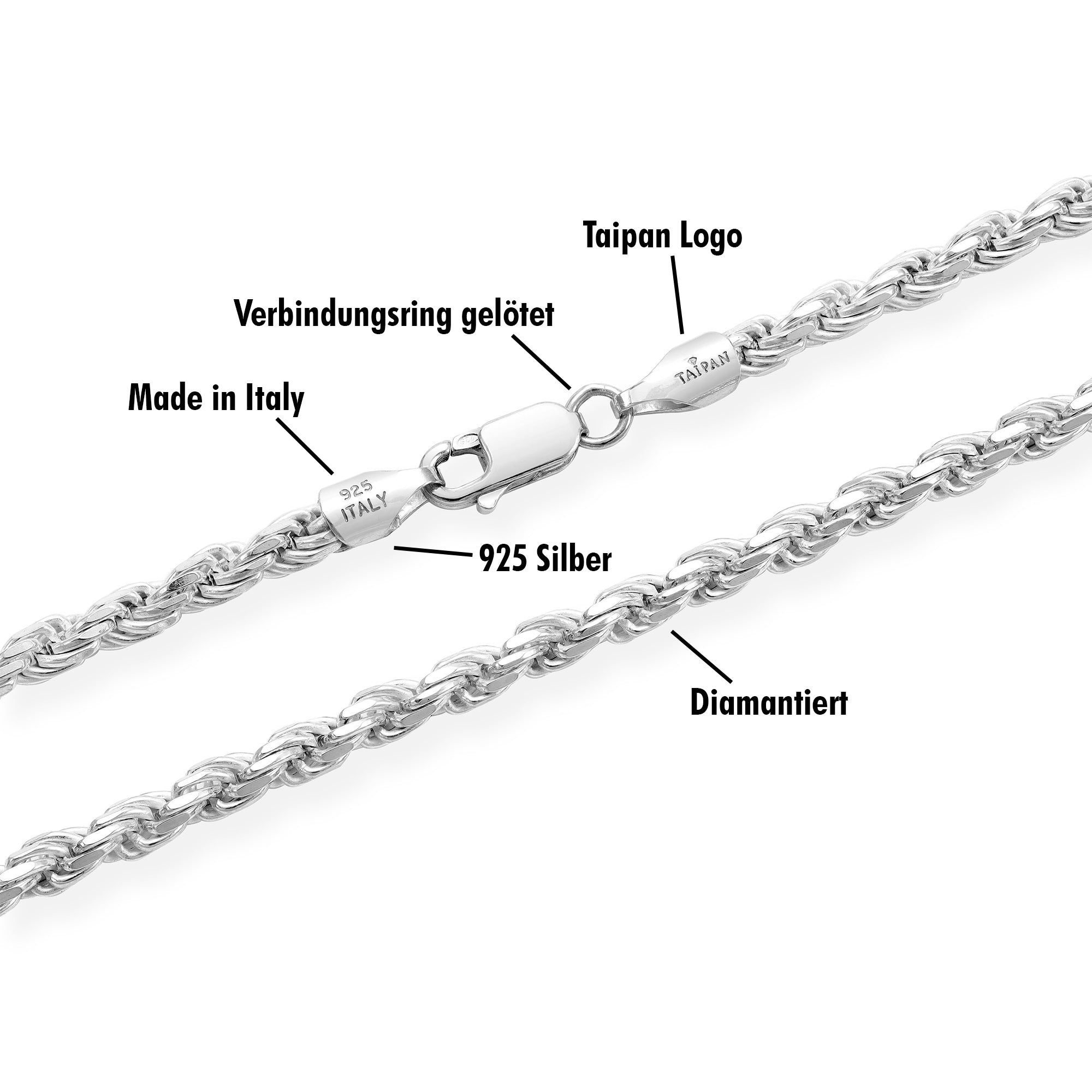 Kordelkette Rope Chain 3,5mm - 925 Silber diamantiert