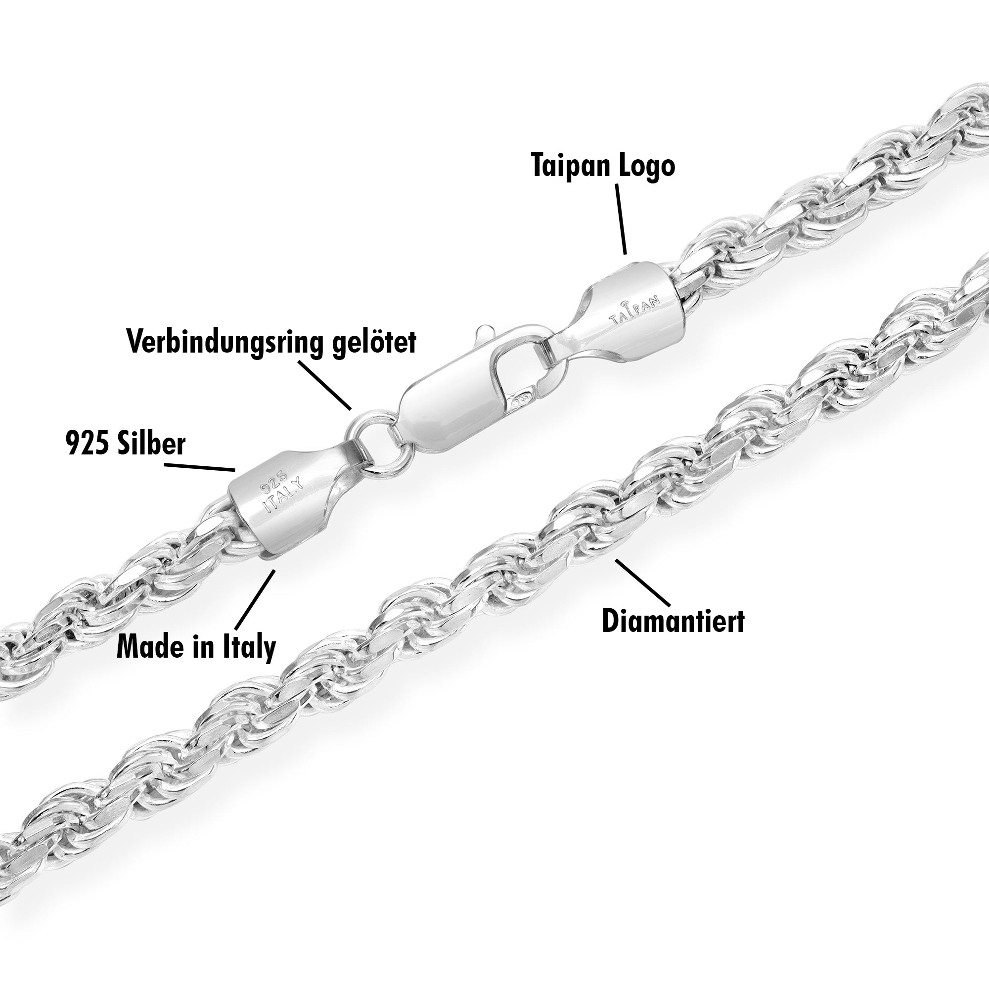 5mm Kordelkette Rope Chain - 925 Silber diamantiert