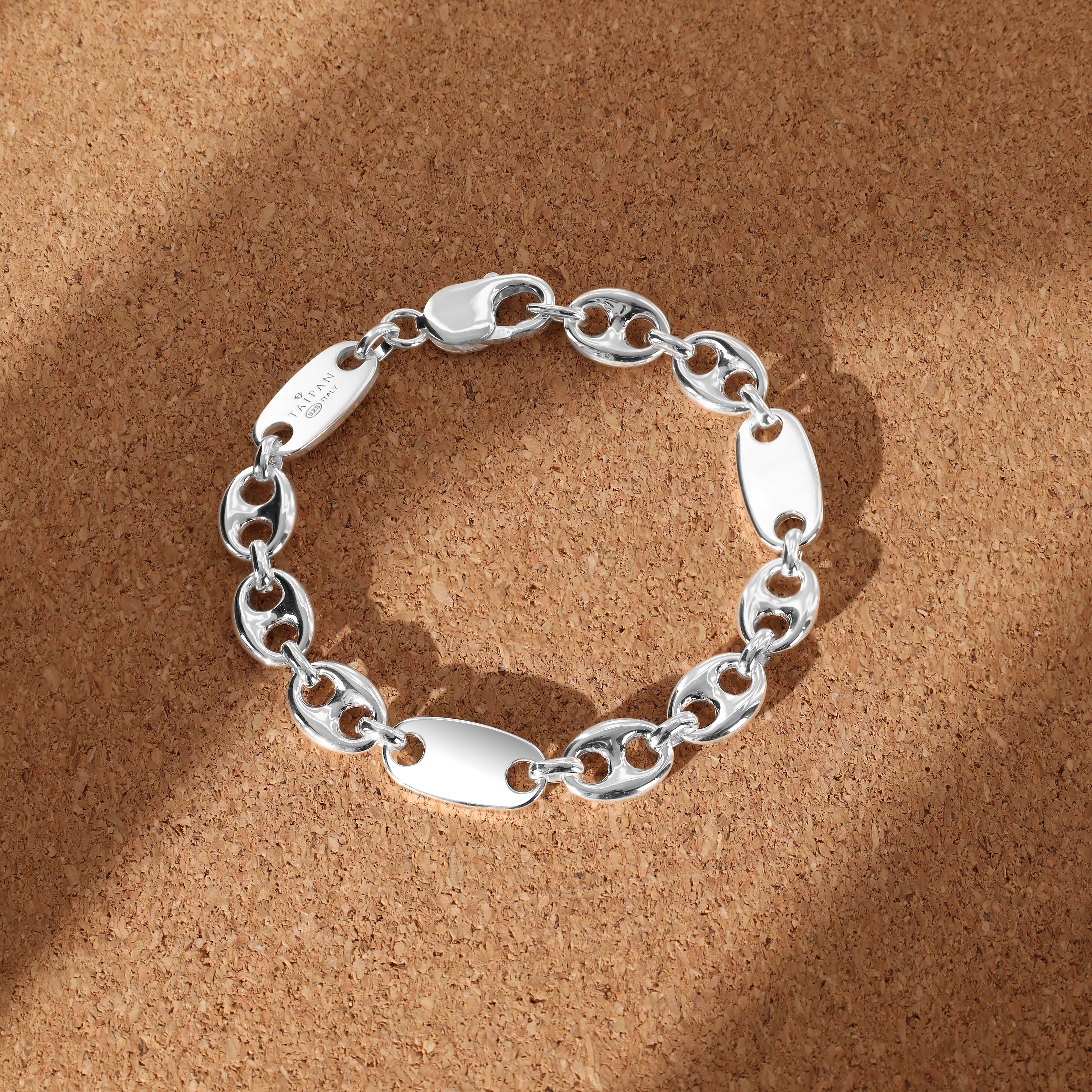 10mm Platten Bohnenkette Armband 19cm aus 925 Sterlingsilber