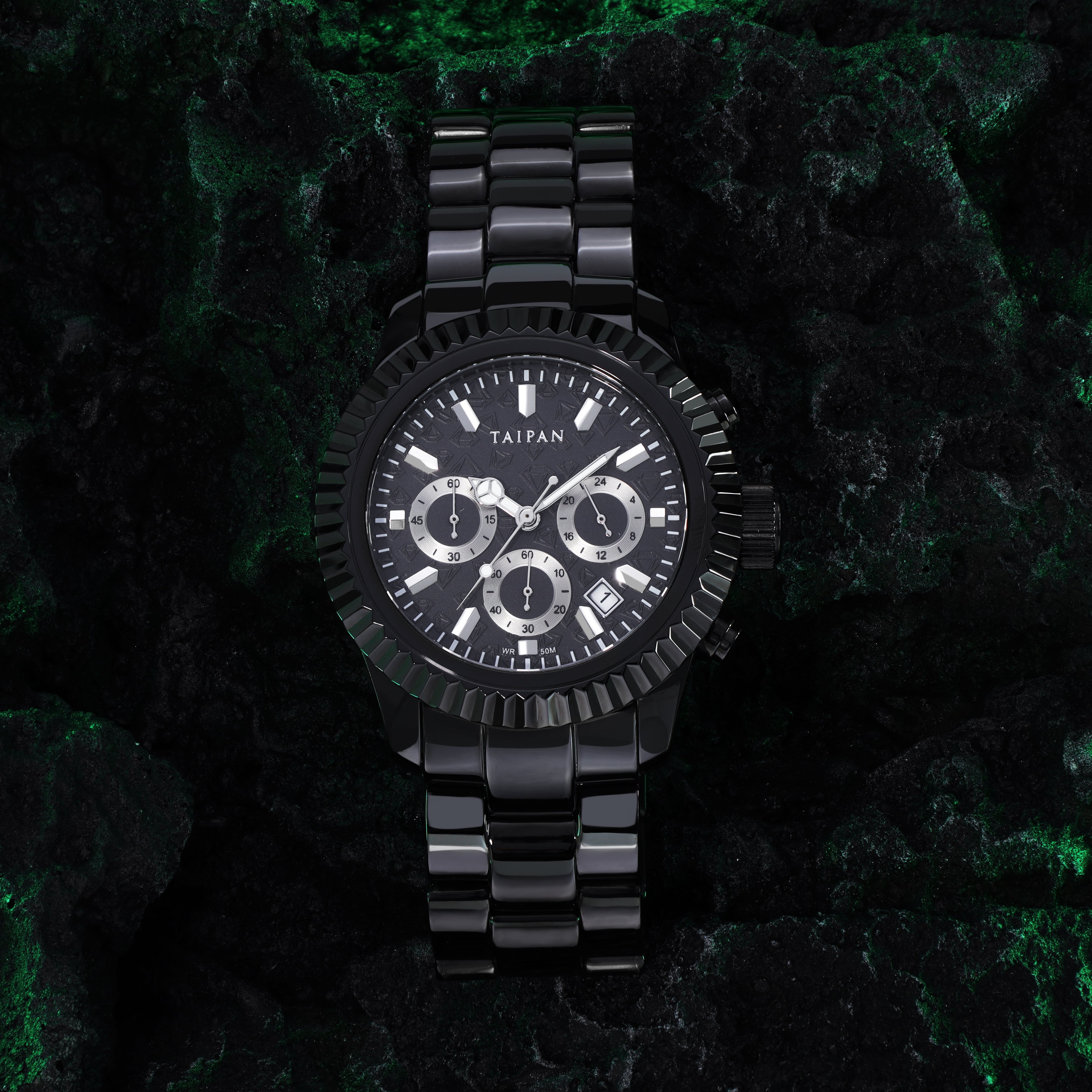 Armbanduhr Chronograph ALL BLACK mit 3 Lünetten iced out, geriffelt, plain - Taipan Schmuck