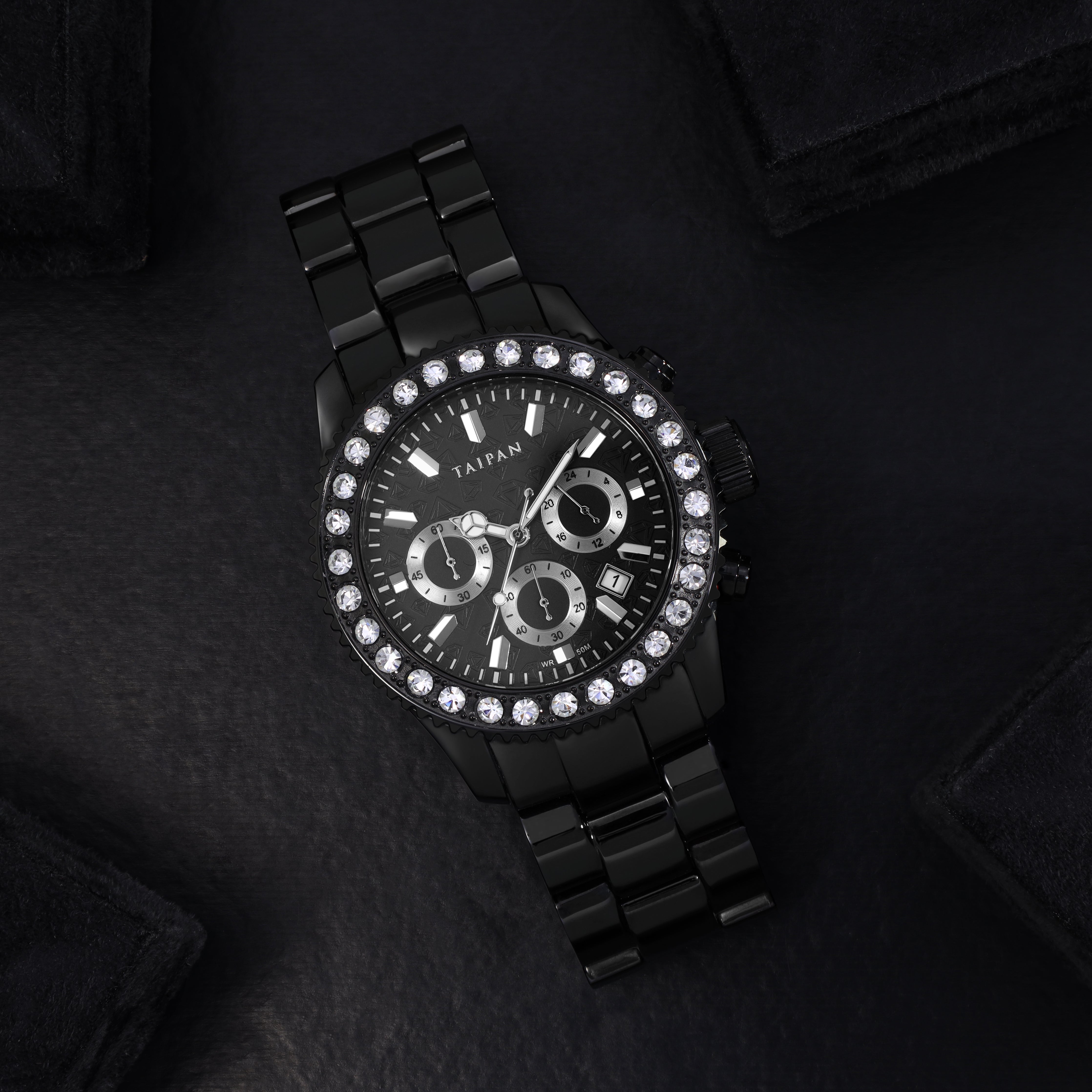 Armbanduhr Chronograph ALL BLACK mit 3 Lünetten iced out, geriffelt, plain - Taipan Schmuck