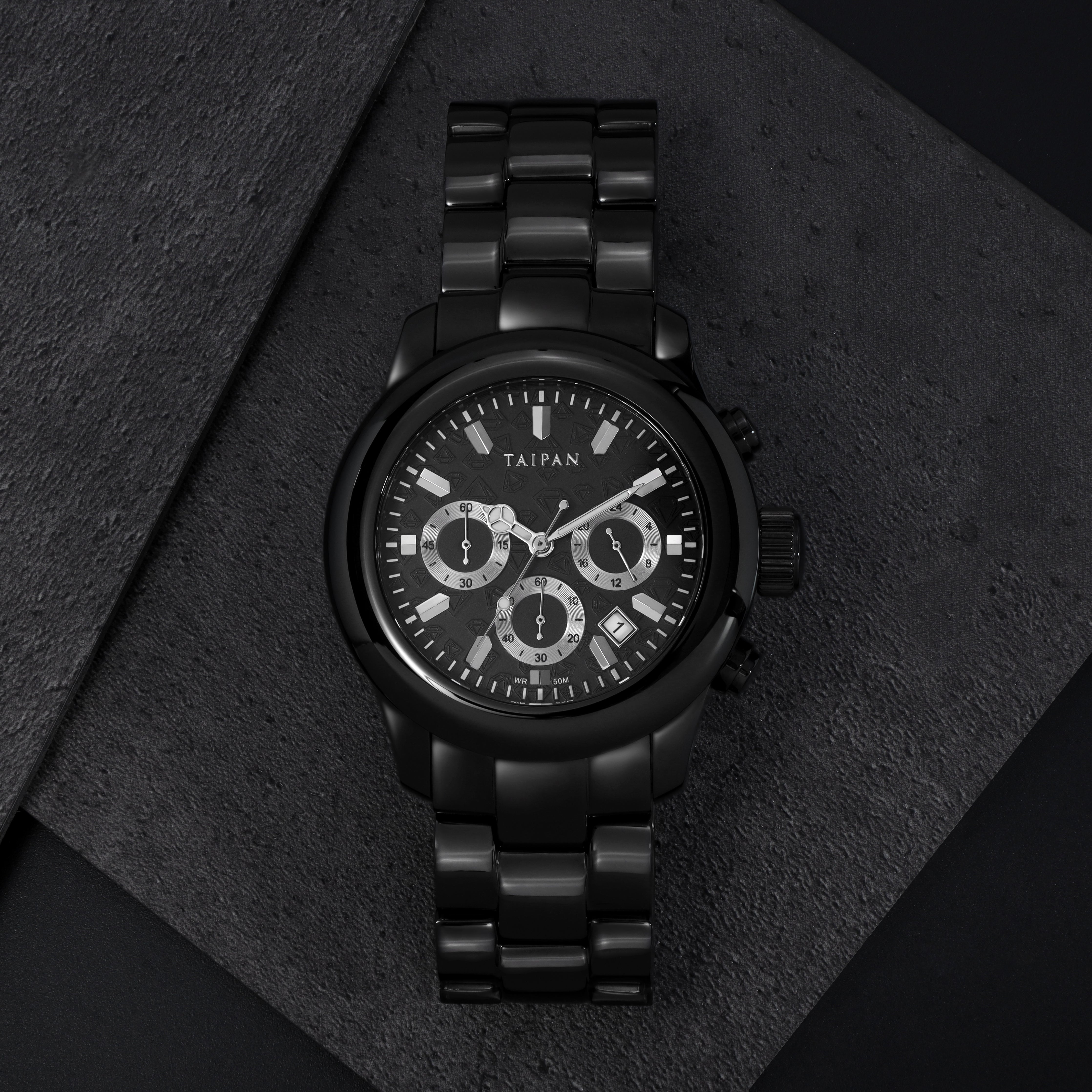 Armbanduhr Chronograph ALL BLACK mit 3 Lünetten iced out, geriffelt, plain - Taipan Schmuck